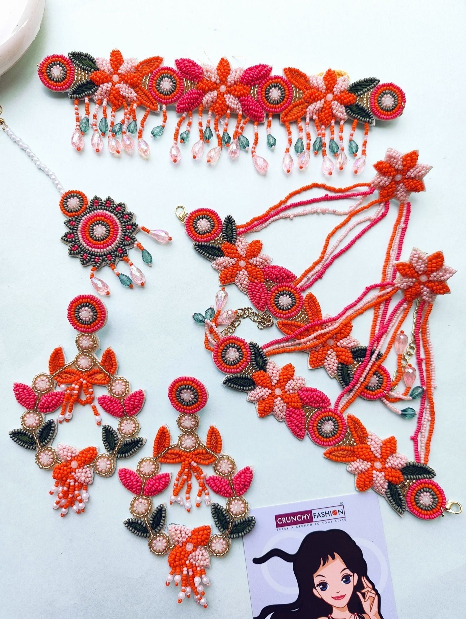 Pink Orange Floral Jewelry for Haldi-Mehndi carnival