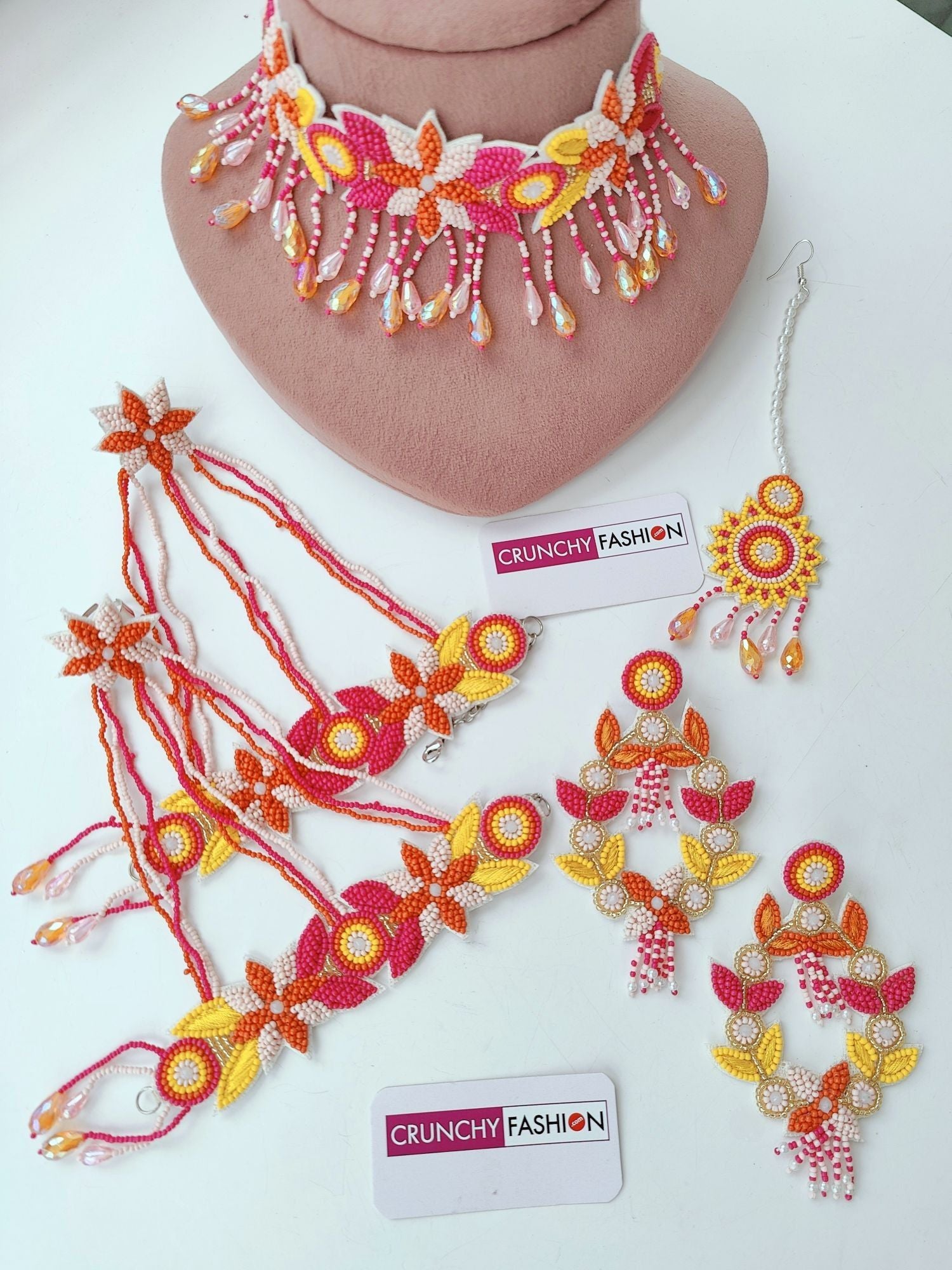 Handcrafted Pink-Orange-Yellow Jewelry for Haldi-Mehndi
