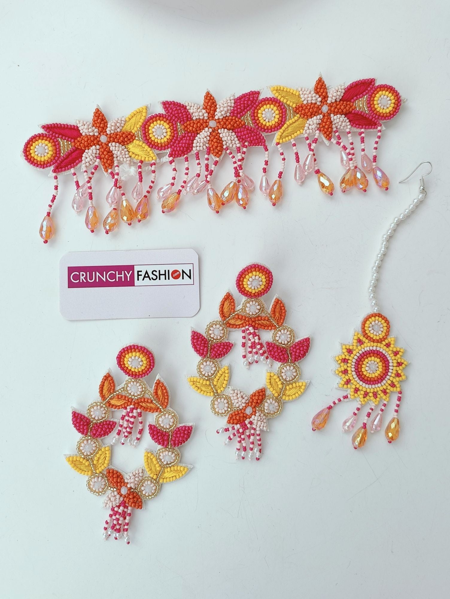 Handcrafted Pink-Orange-Yellow Jewelry for Haldi-Mehndi