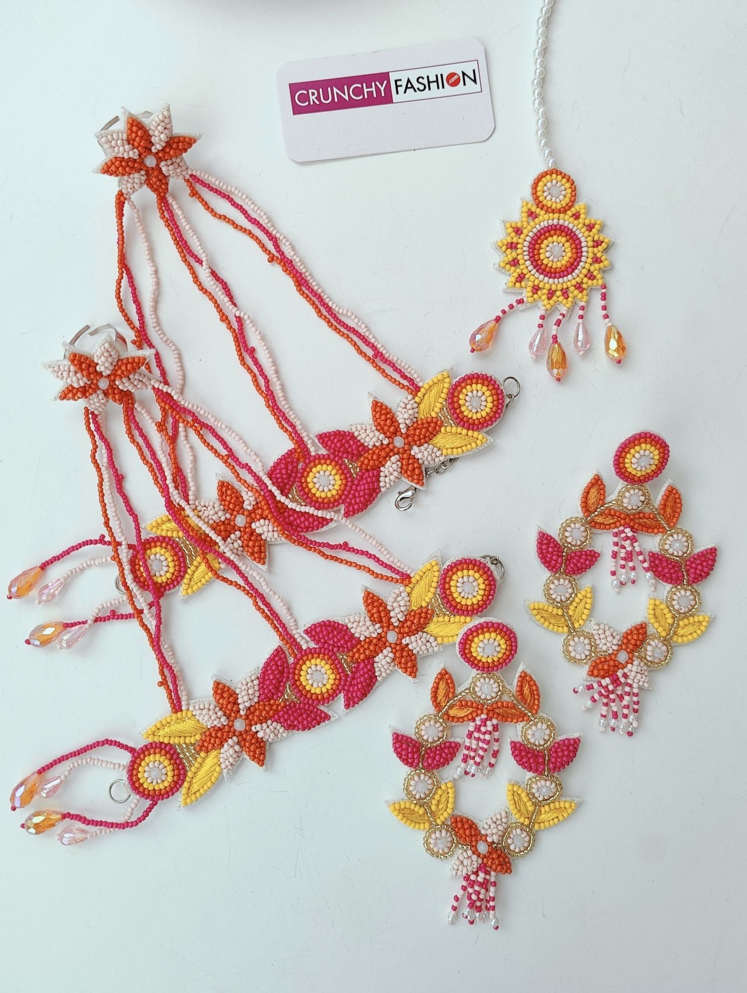 Handcrafted Pink-Orange-Yellow Jewelry for Haldi-Mehndi