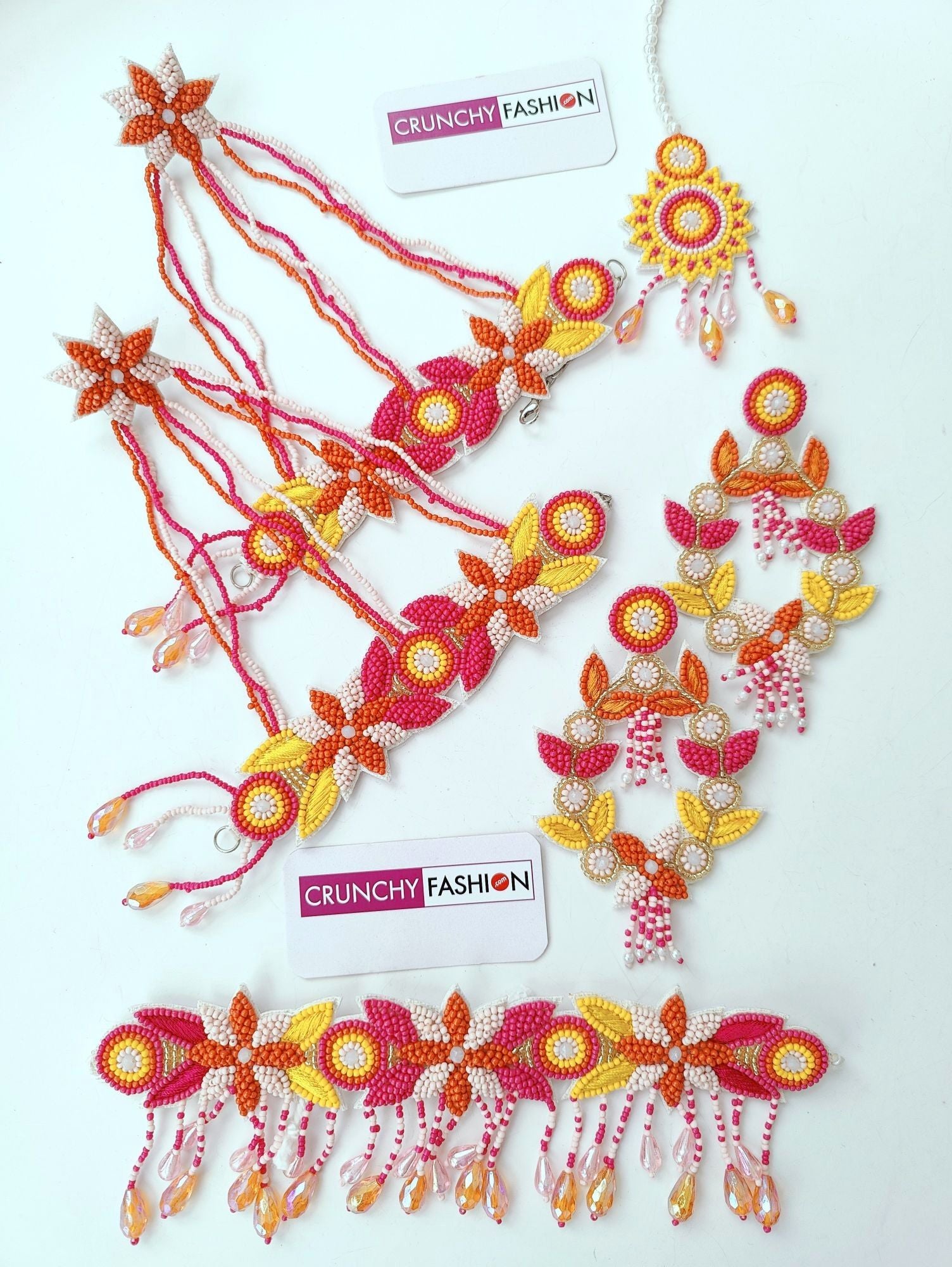 Handcrafted Pink-Orange-Yellow Jewelry for Haldi-Mehndi