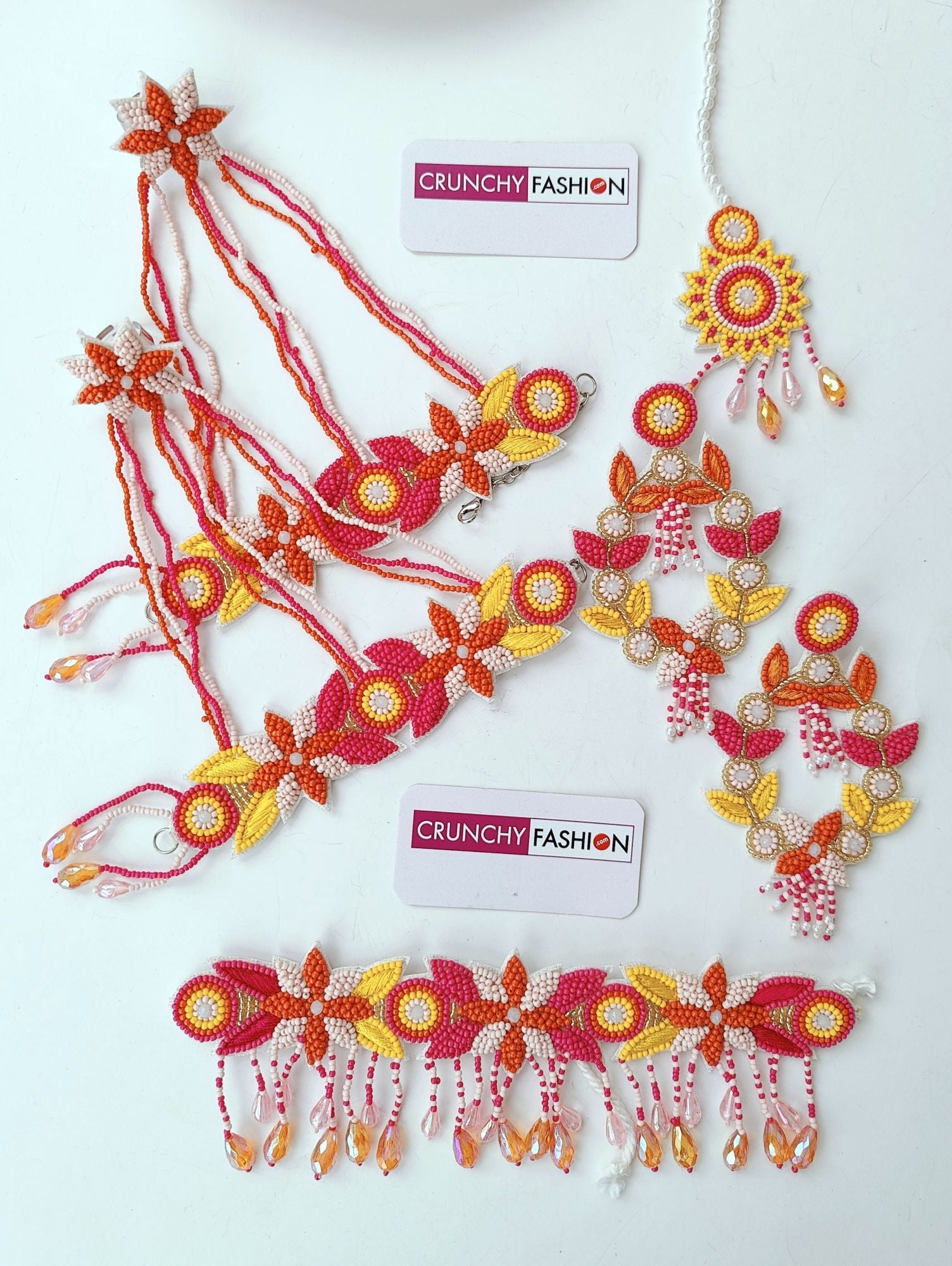 Handcrafted Pink-Orange-Yellow Jewelry for Haldi-Mehndi