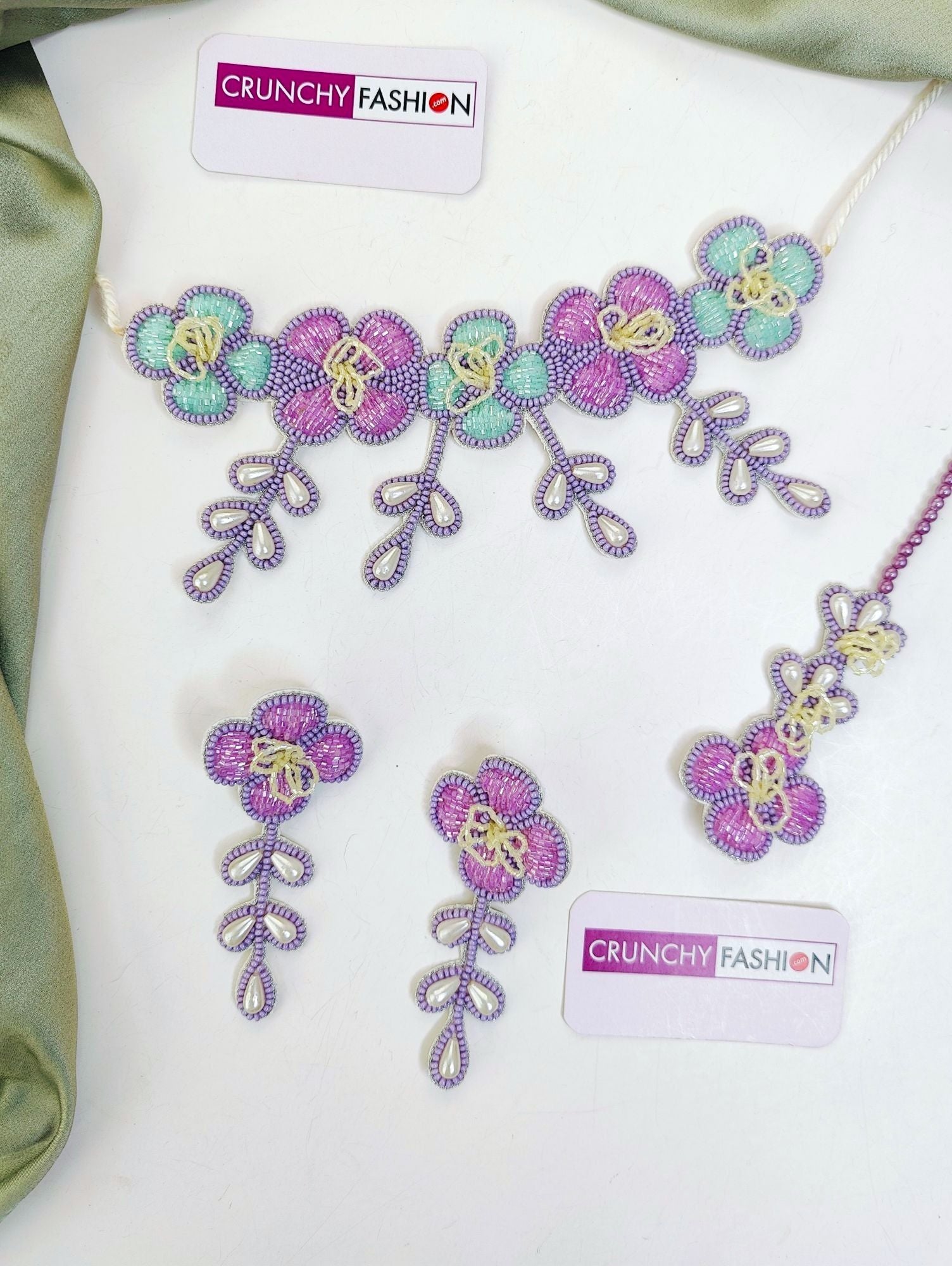 Handmade Lavender-Sky Blue Floral Bridal Jewellery set, ideal for haldi, mehndi and weddings, designed with pearls and beads