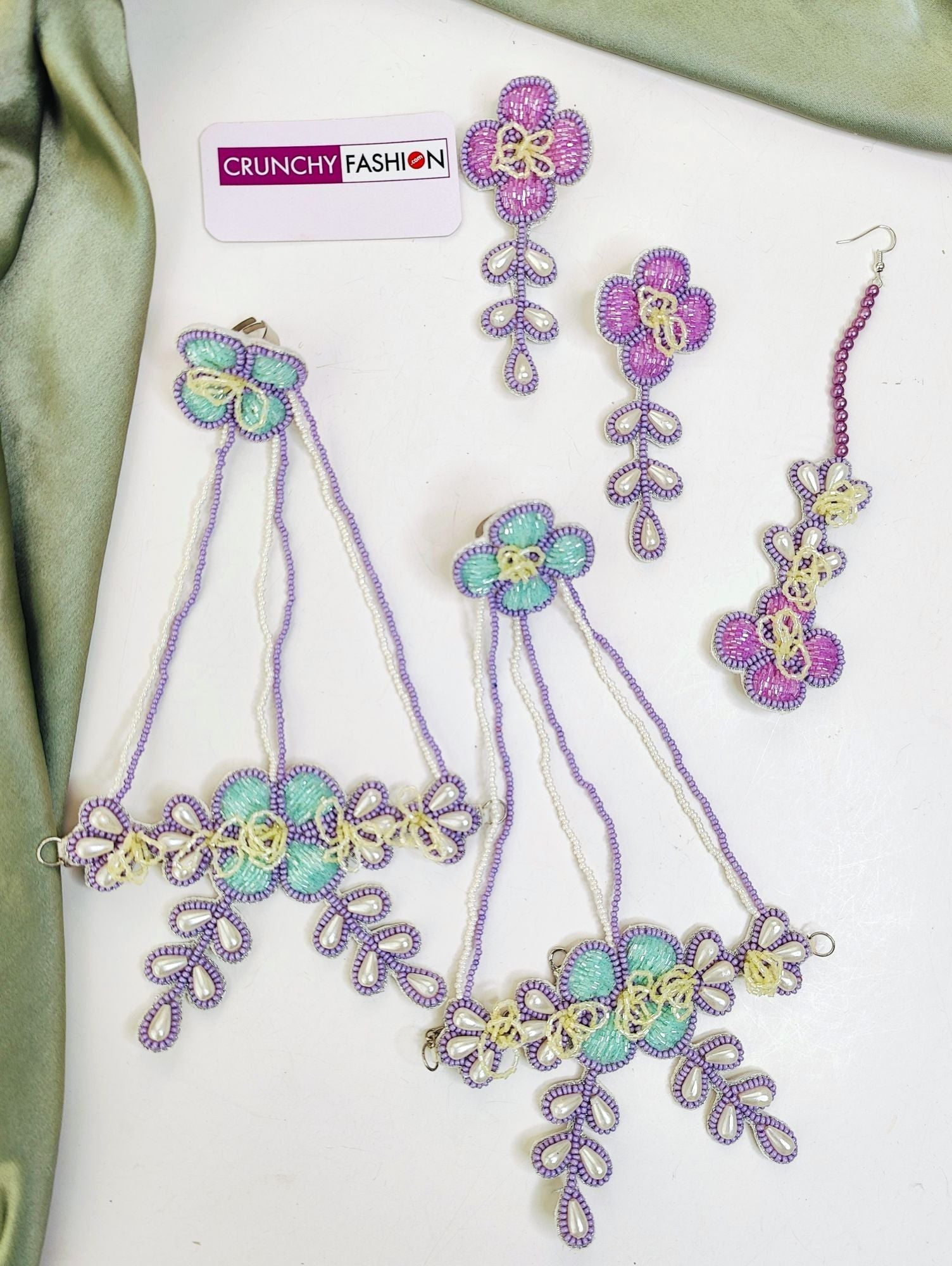 Handmade Lavender-Sky Blue Floral Bridal Jewellery set, ideal for haldi, mehndi and weddings, designed with pearls and beads