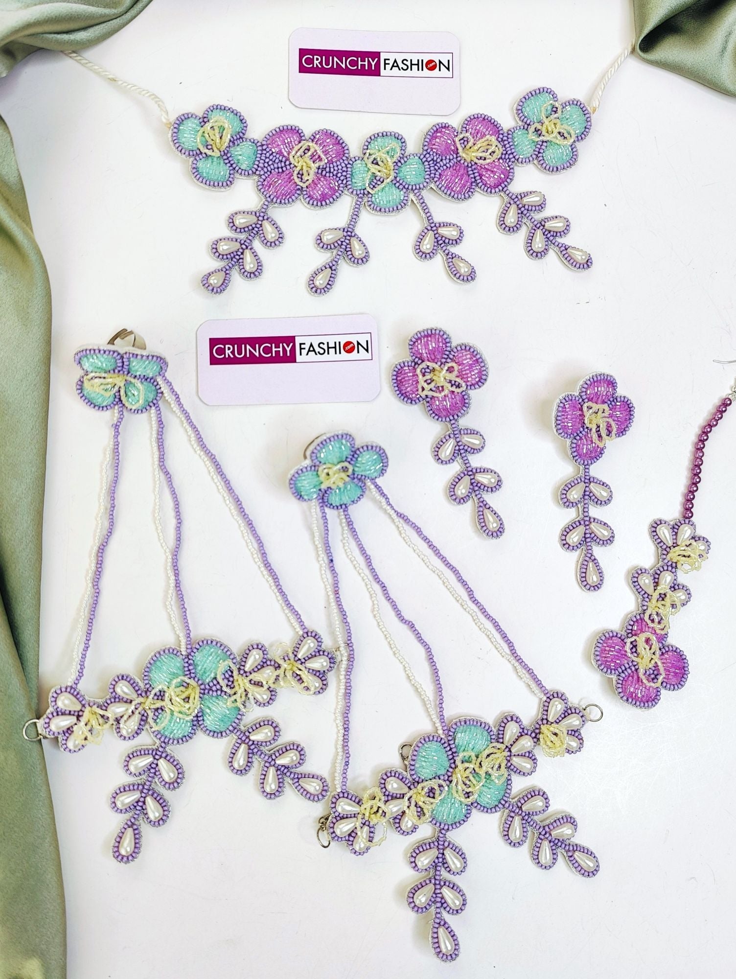 Handmade Lavender-Sky Blue Floral Bridal Jewellery set, ideal for haldi, mehndi and weddings, designed with pearls and beads