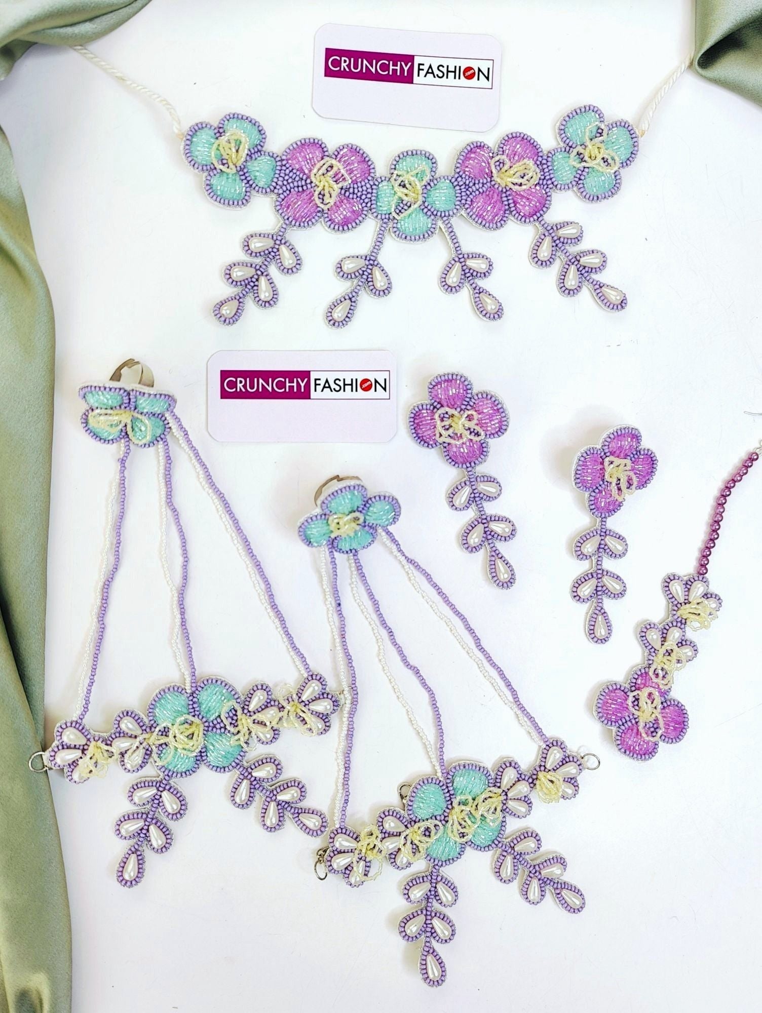 Handmade Lavender-Sky Blue Floral Bridal Jewellery set, ideal for haldi, mehndi and weddings, designed with pearls and beads