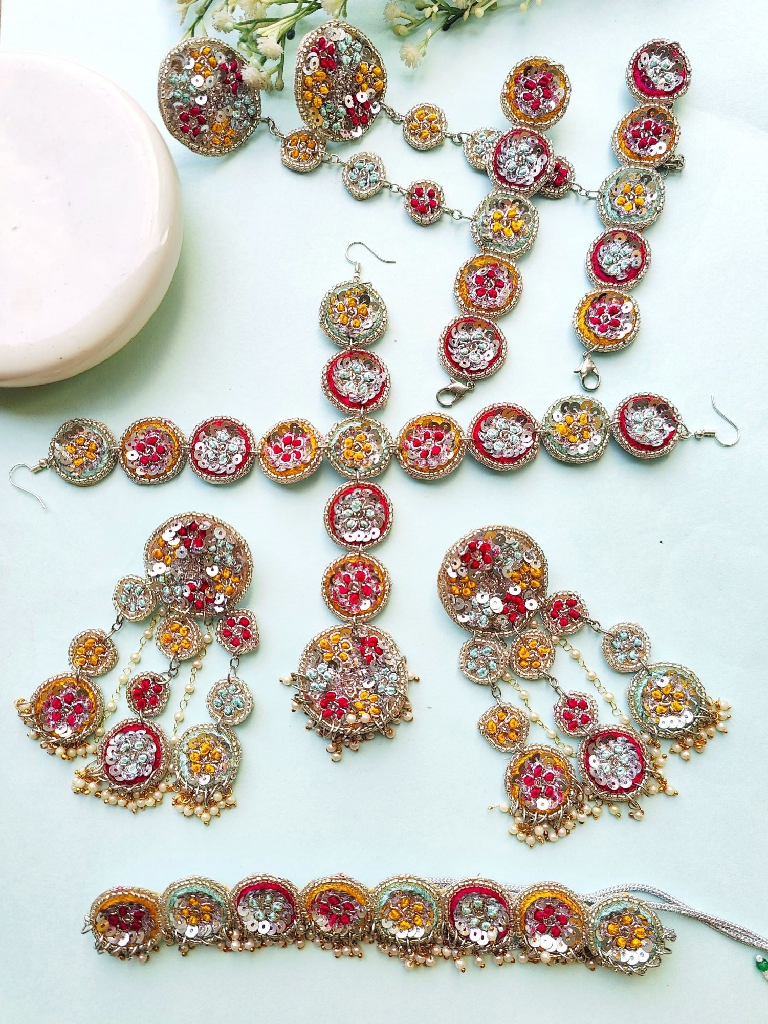 Floral Hues - Yellow, Pink, Sky Blue Handmade Bridal Haldi Jewellery Set