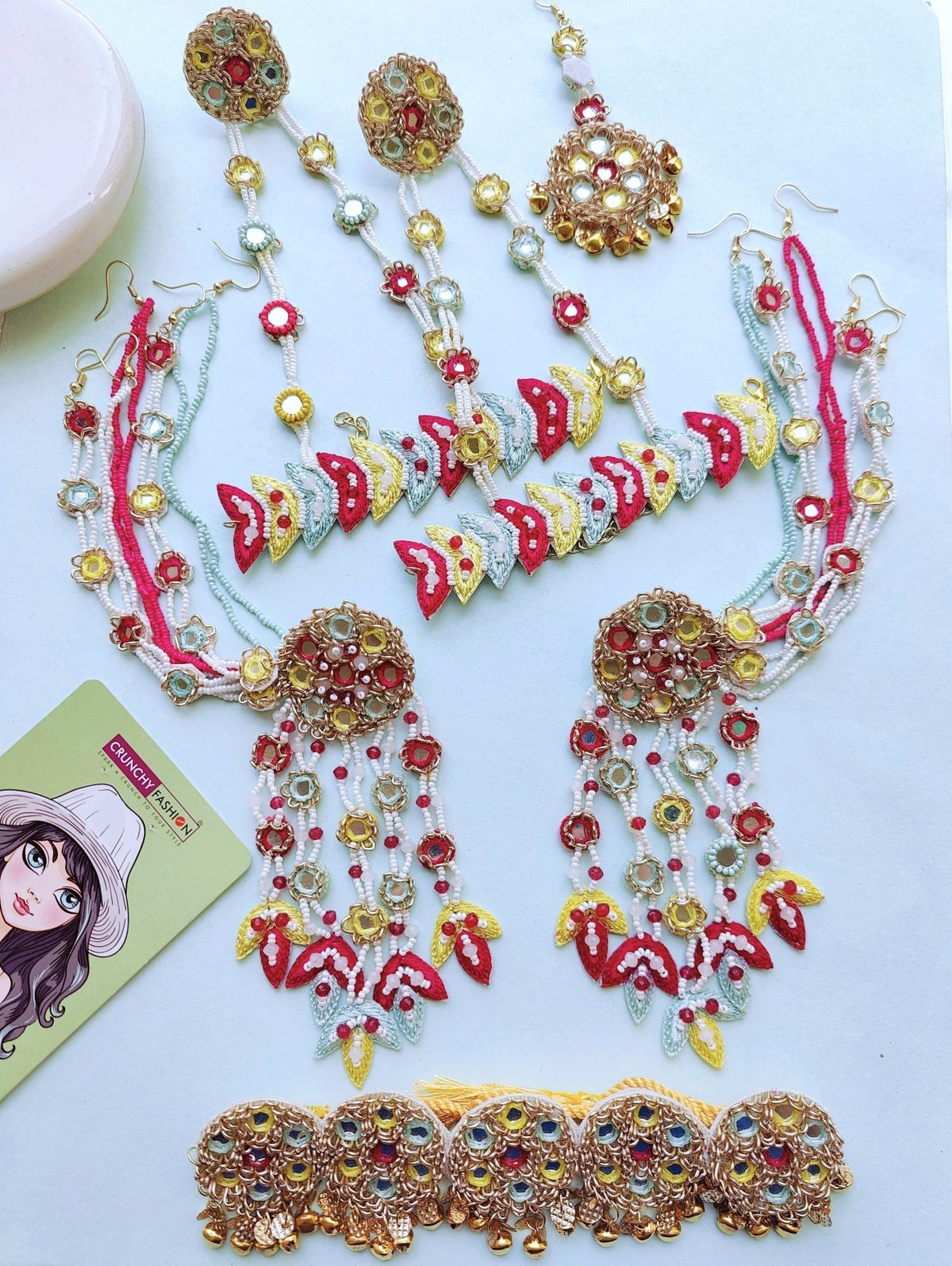Handcrafted Pink-Yellow Carnival Jewellery Set for Haldi-Mehndi