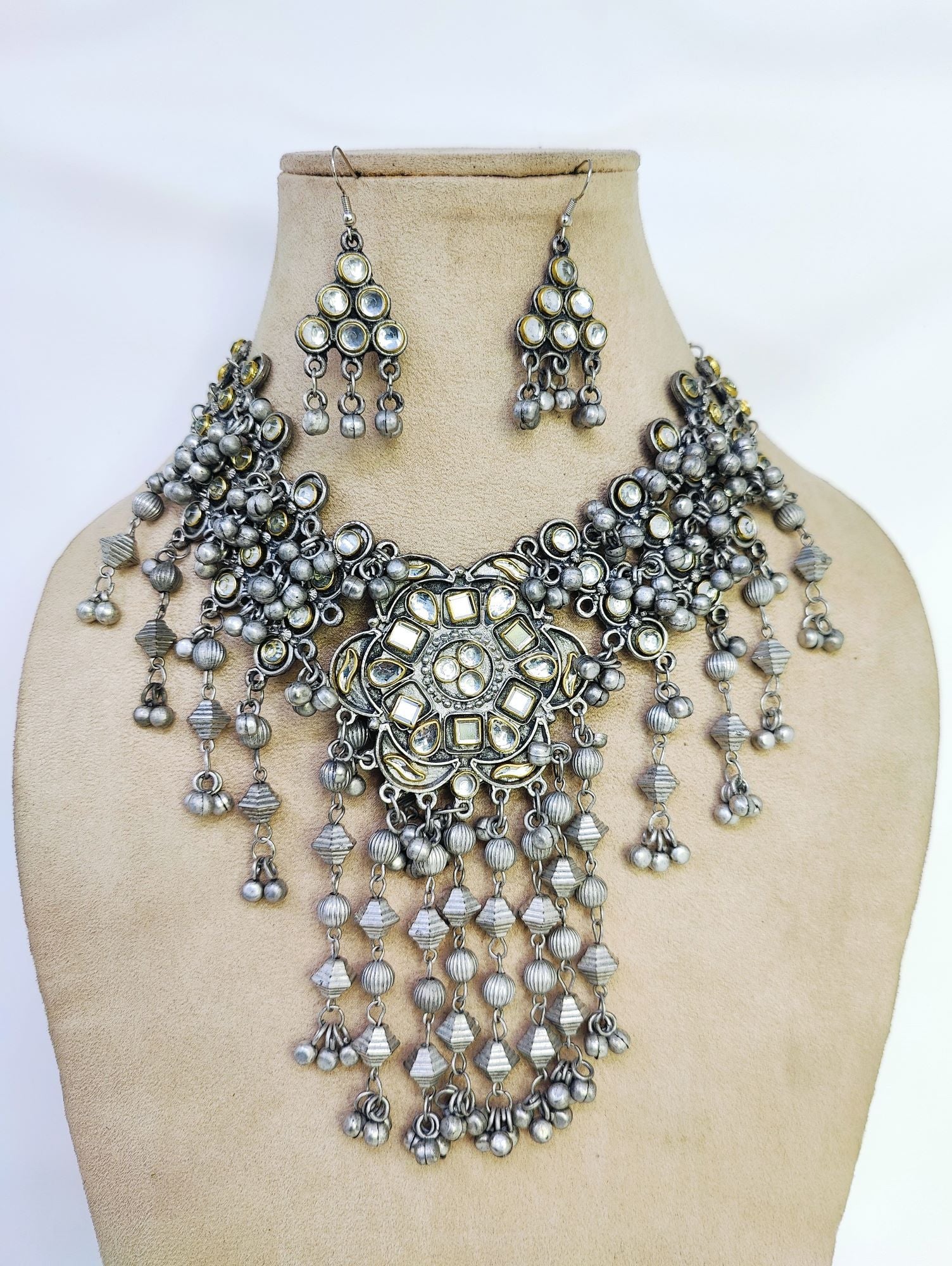 Afghan oxidised choker necklace set, ideal for women & girls, featuring asymmetrical antique design, suitable for festive occasions & weddings, in silver.