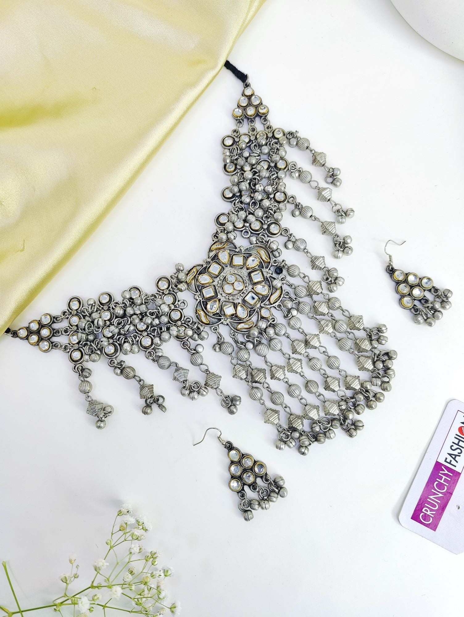 Afghan oxidised choker necklace set, ideal for women & girls, featuring asymmetrical antique design, suitable for festive occasions & weddings, in silver.