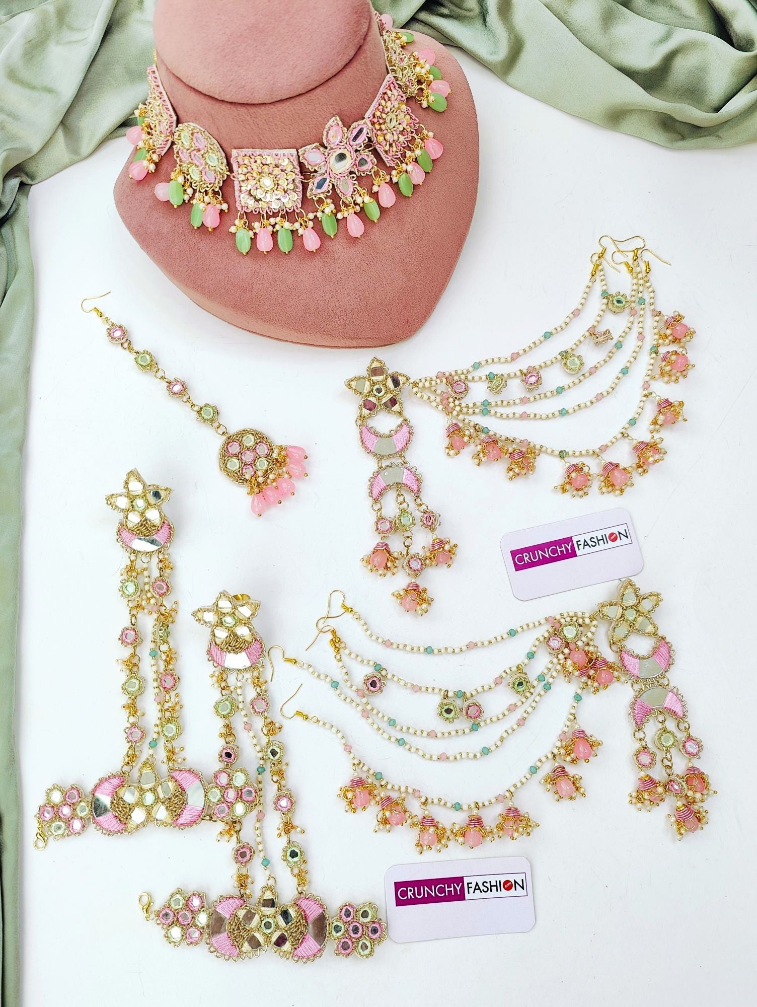 Handcrafted pink-olive green floral beaded jewellery set ideal for brides in haldi, mehndi ceremonies