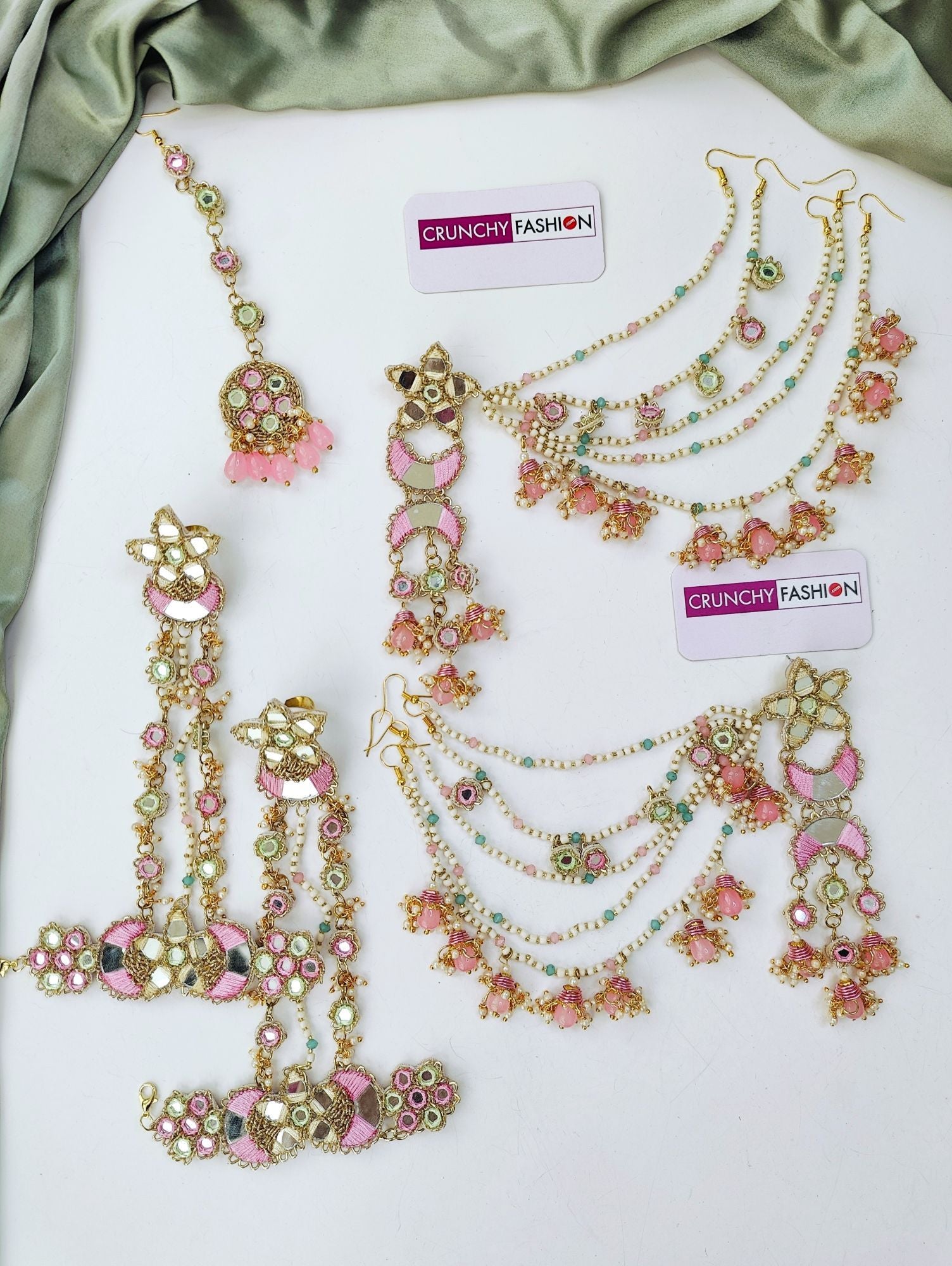 Handcrafted pink-olive green floral beaded jewellery set ideal for brides in haldi, mehndi ceremonies