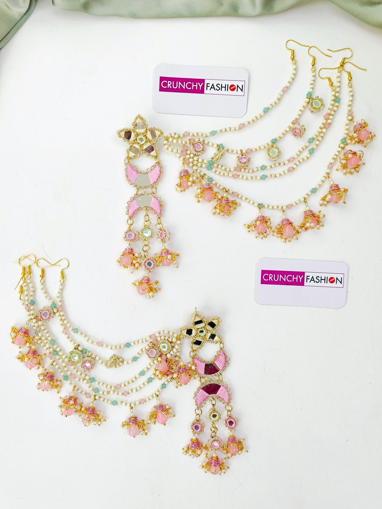 Handcrafted pink-olive green floral beaded jewellery set ideal for brides in haldi, mehndi ceremonies
