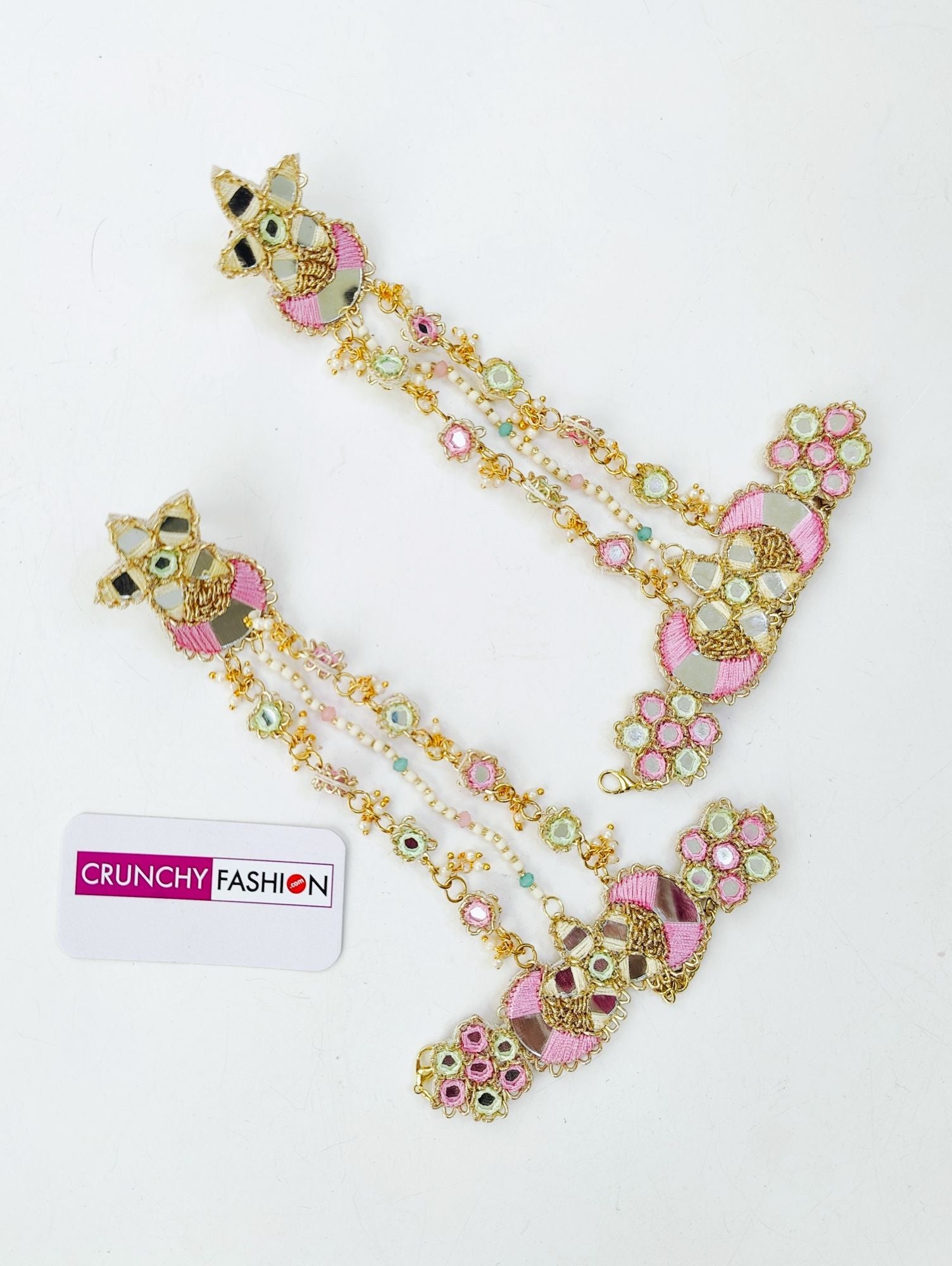 Handcrafted pink-olive green floral beaded jewellery set ideal for brides in haldi, mehndi ceremonies