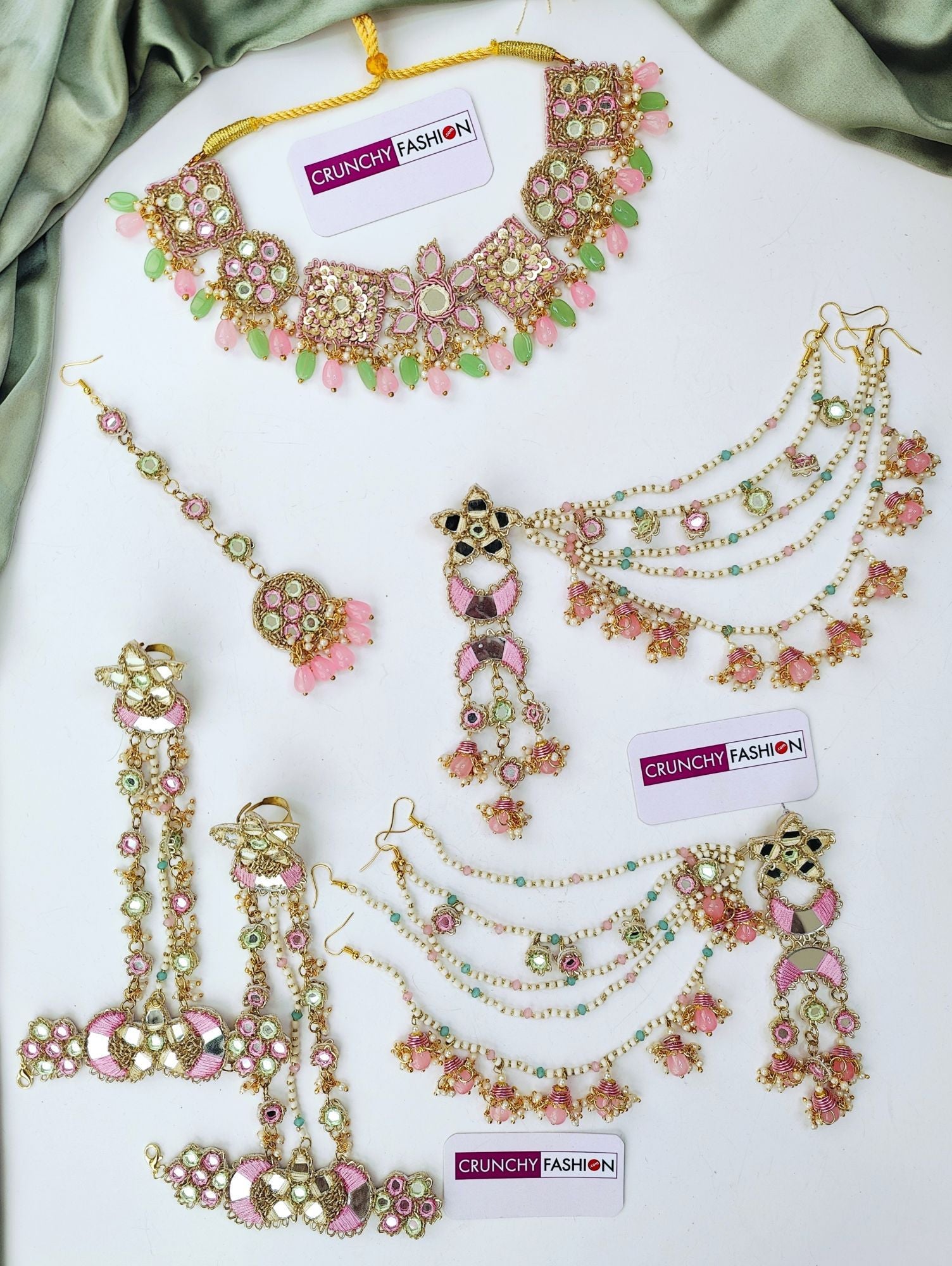 Handcrafted pink-olive green floral beaded jewellery set ideal for brides in haldi, mehndi ceremonies