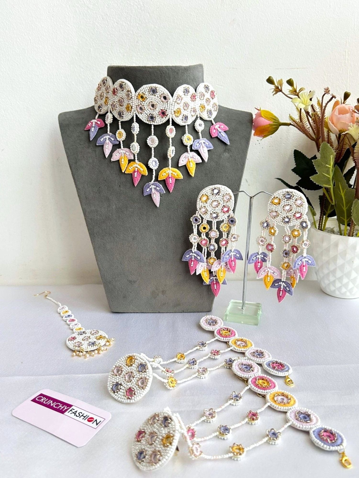 Handmade lavender flower-themed bridal jewellery set, ideal for haldi-mehndi ceremonies and weddings