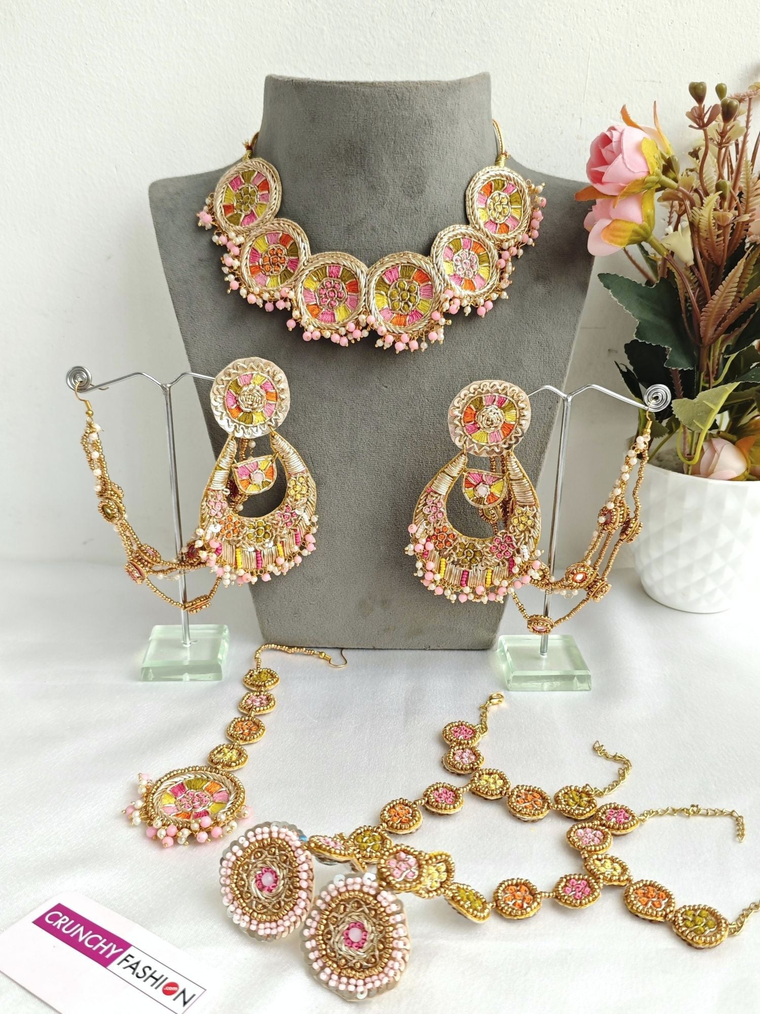 Multicolored, beaded & pearl, handmade Carnival Jewellery set for haldi-Mehndi, ideal for women and suitable for all seasons