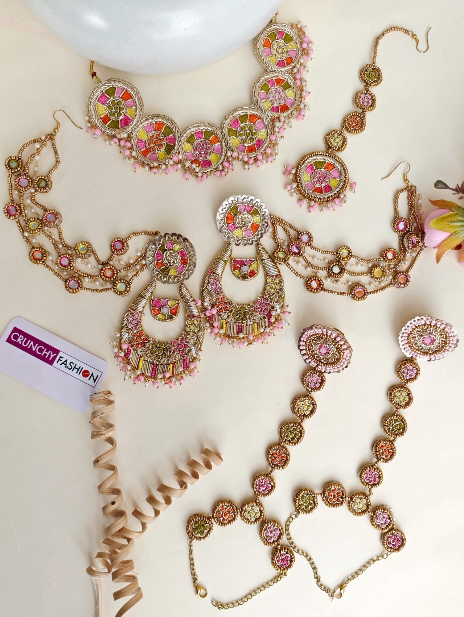 Multicolored, beaded & pearl, handmade Carnival Jewellery set for haldi-Mehndi, ideal for women and suitable for all seasons