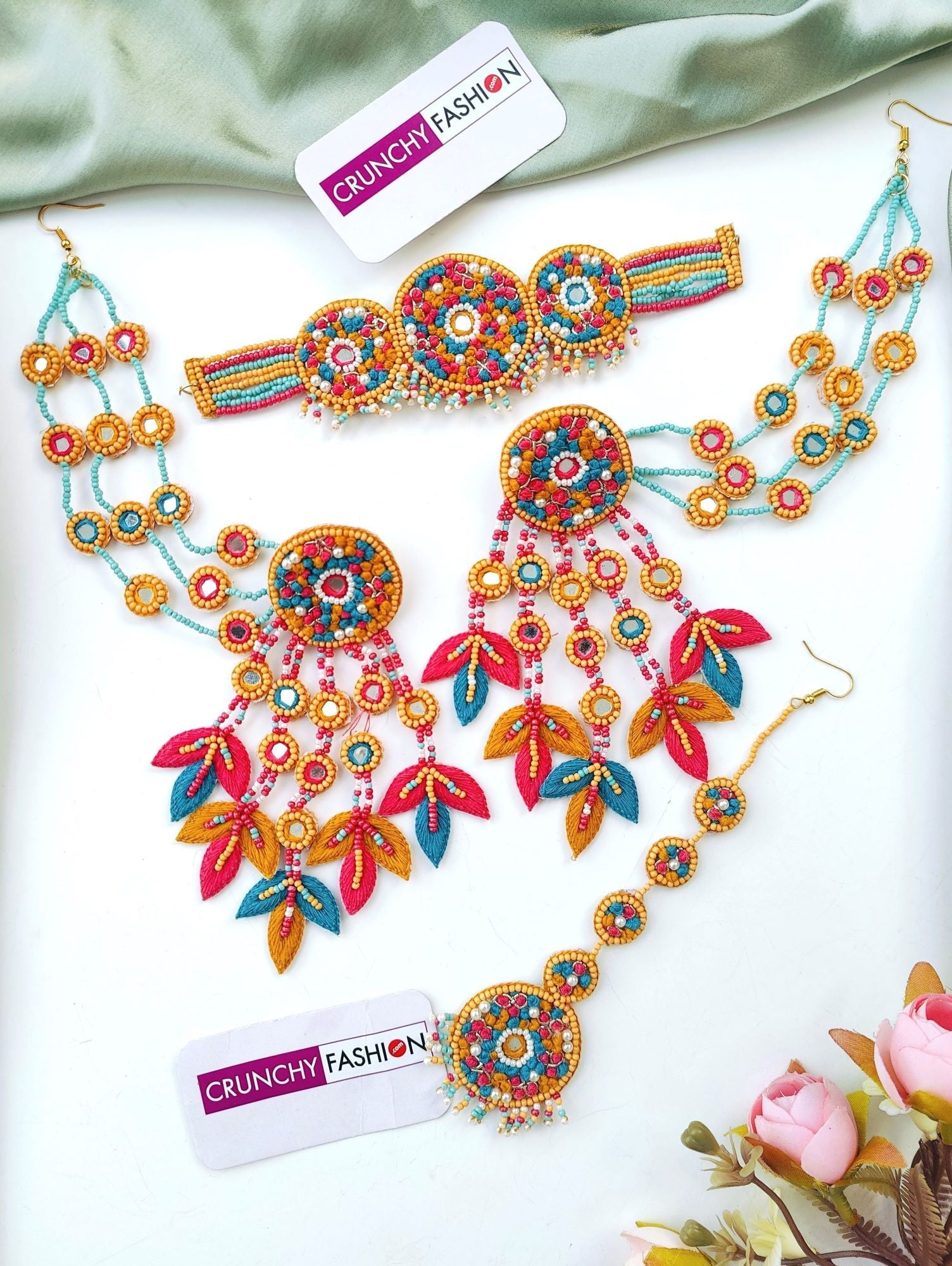 Handcrafted multicolor mustard, yellow-sky blue-pink floral beaded jewelry set for weddings & festive occasions
