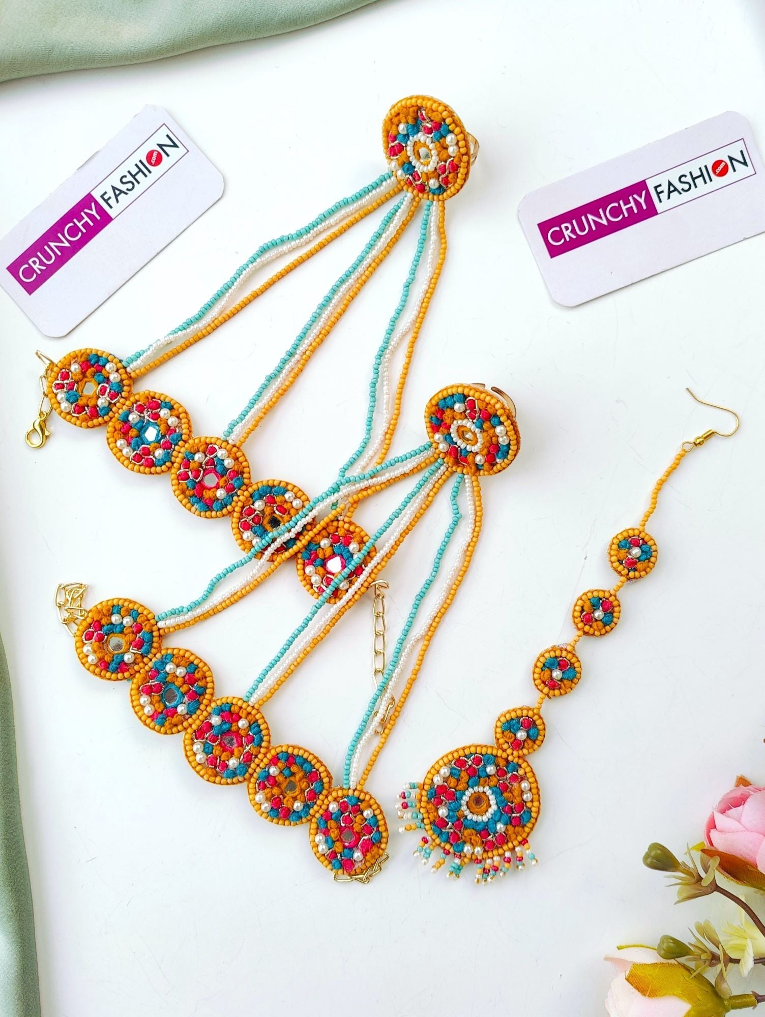 Handcrafted multicolor mustard, yellow-sky blue-pink floral beaded jewelry set for weddings & festive occasions