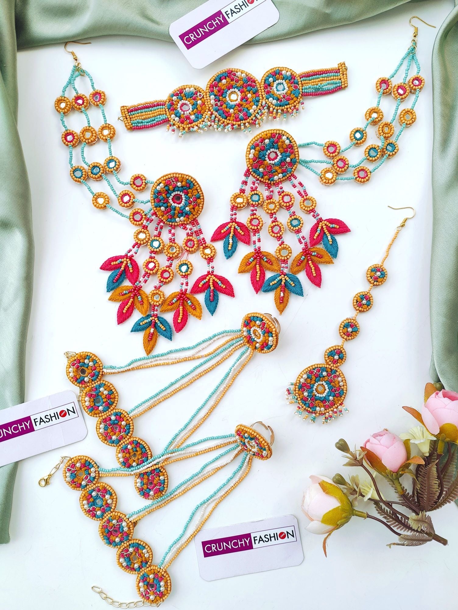 Handcrafted multicolor mustard, yellow-sky blue-pink floral beaded jewelry set for weddings & festive occasions