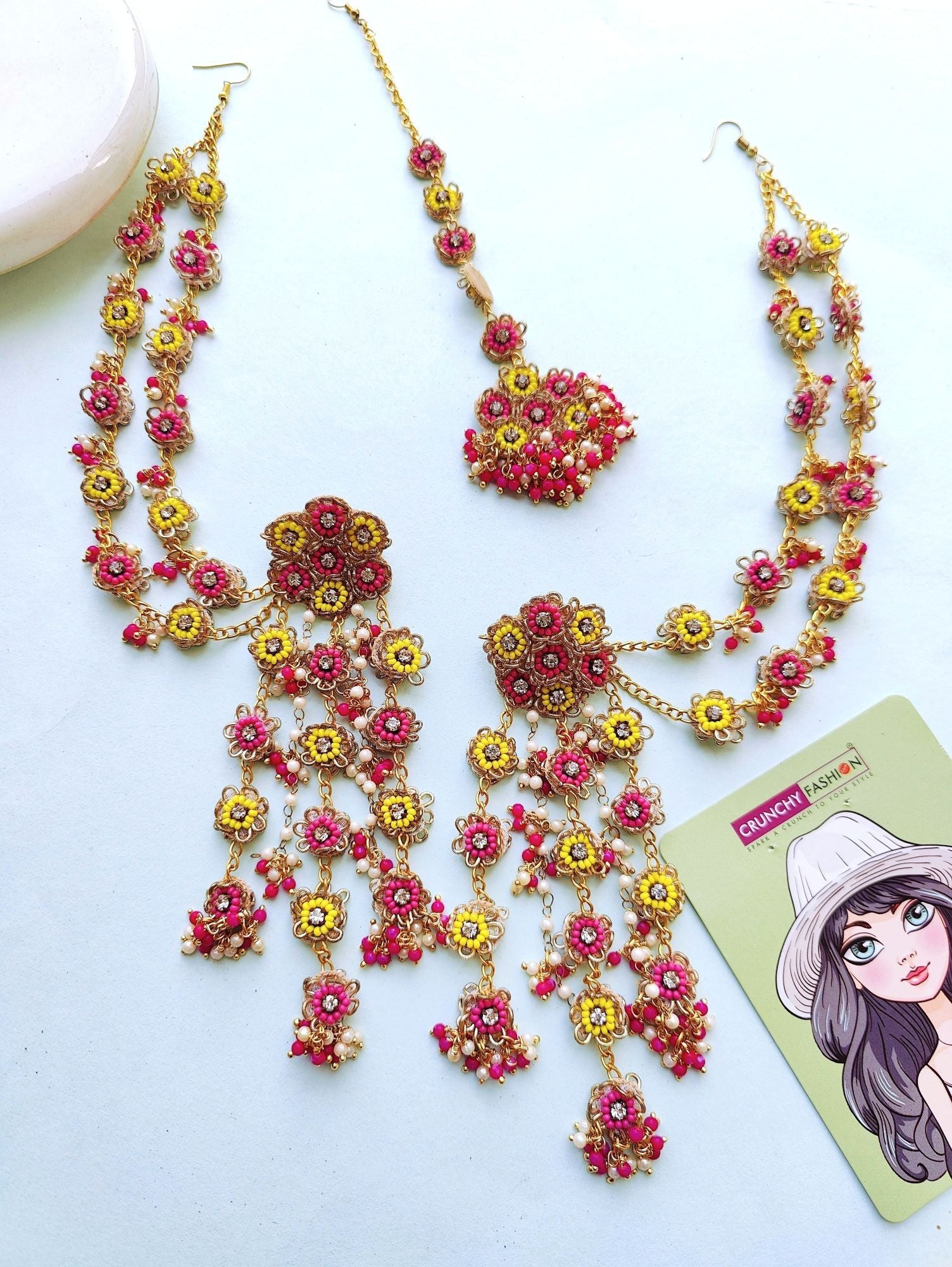 Handcrafted Pink Floral Carnival Jewellery set for women, ideal for haldi-mehndi events, weddings, and festivals