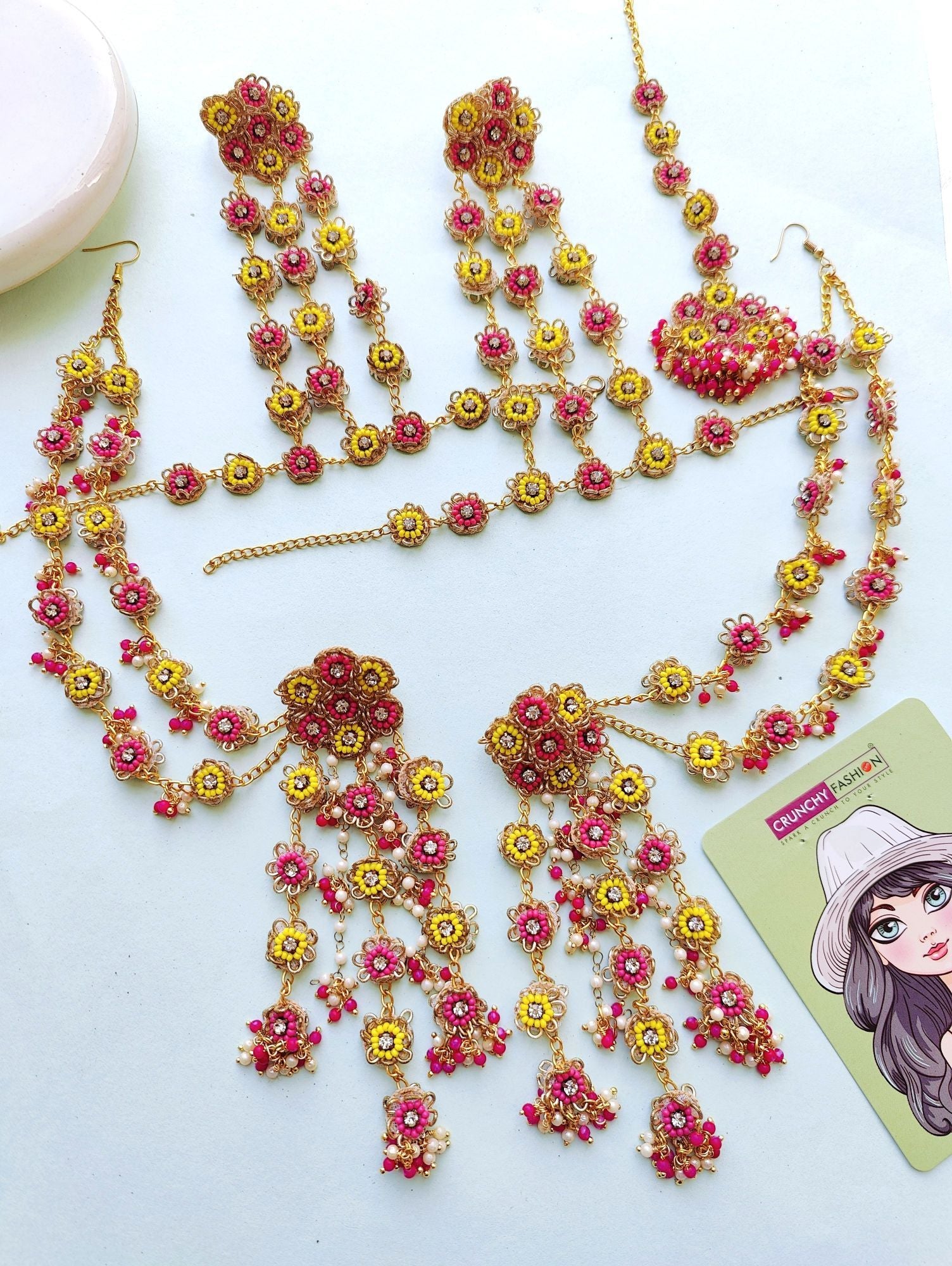 Handcrafted Pink Floral Carnival Jewellery set for women, ideal for haldi-mehndi events, weddings, and festivals