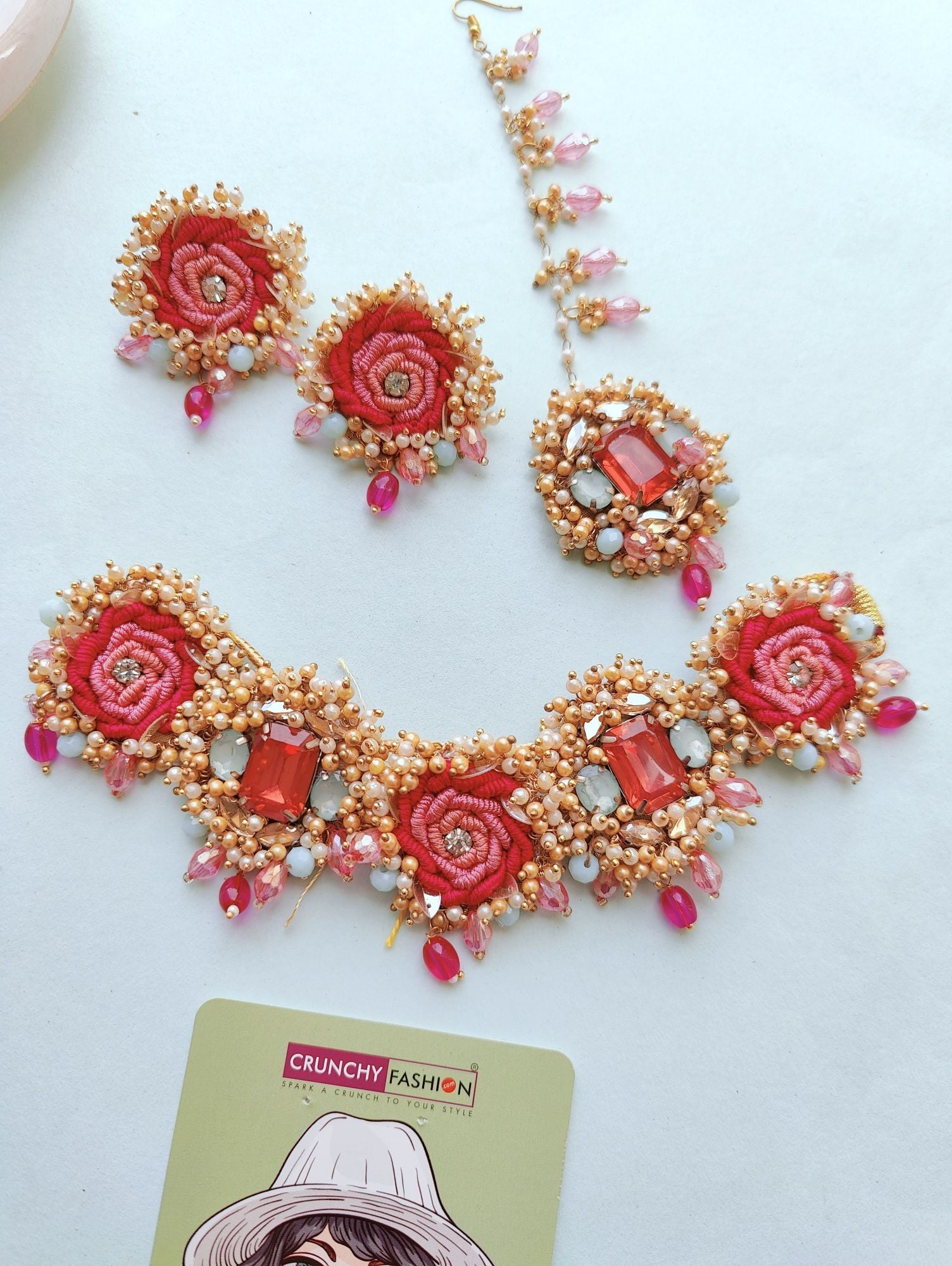 Handmade pink floral beaded jewellery set, ideal for haldi-mehndi, wedding, and festive parties.