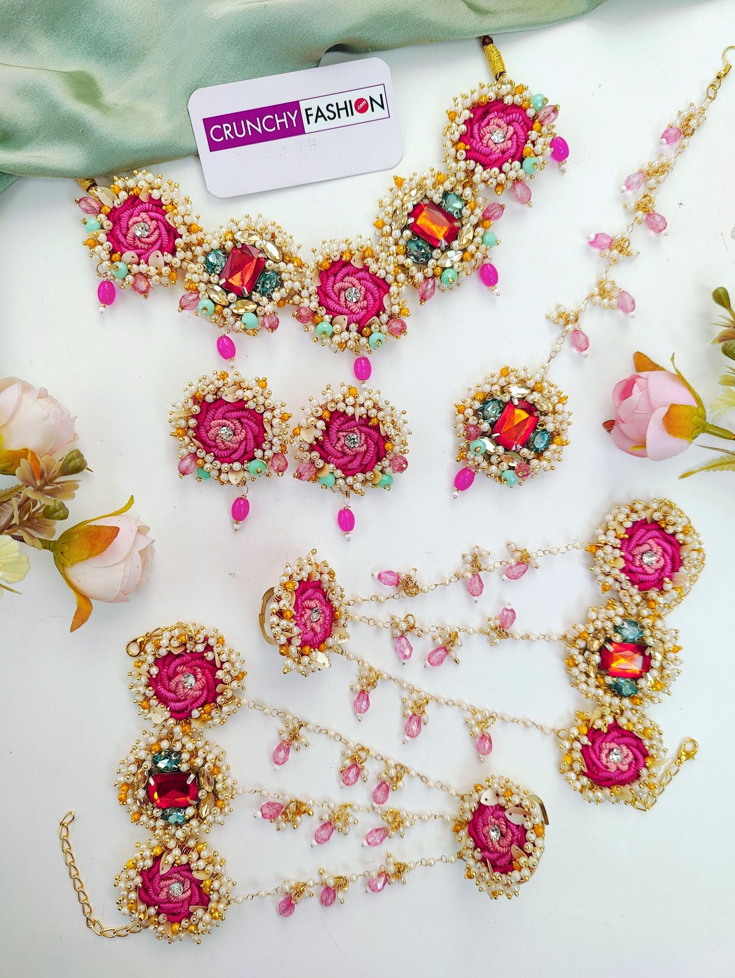 Pink Roses Pearl Jewelry Set for Bridal Haldi Mehndi