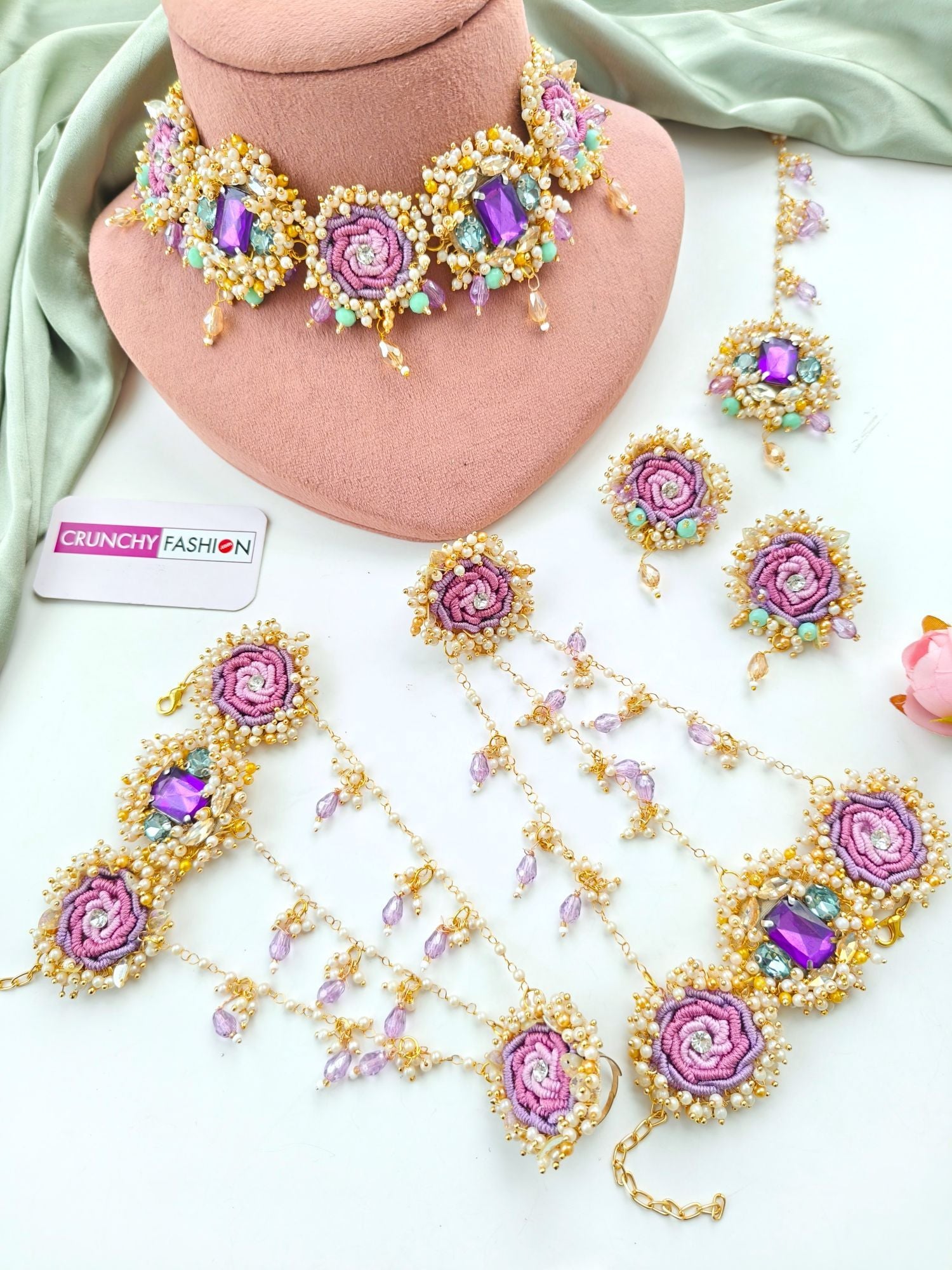 Lavender Rose Floral Jewellery Set for Haldi-Mehndi: Handmade Designer Carnival Collection for Brides