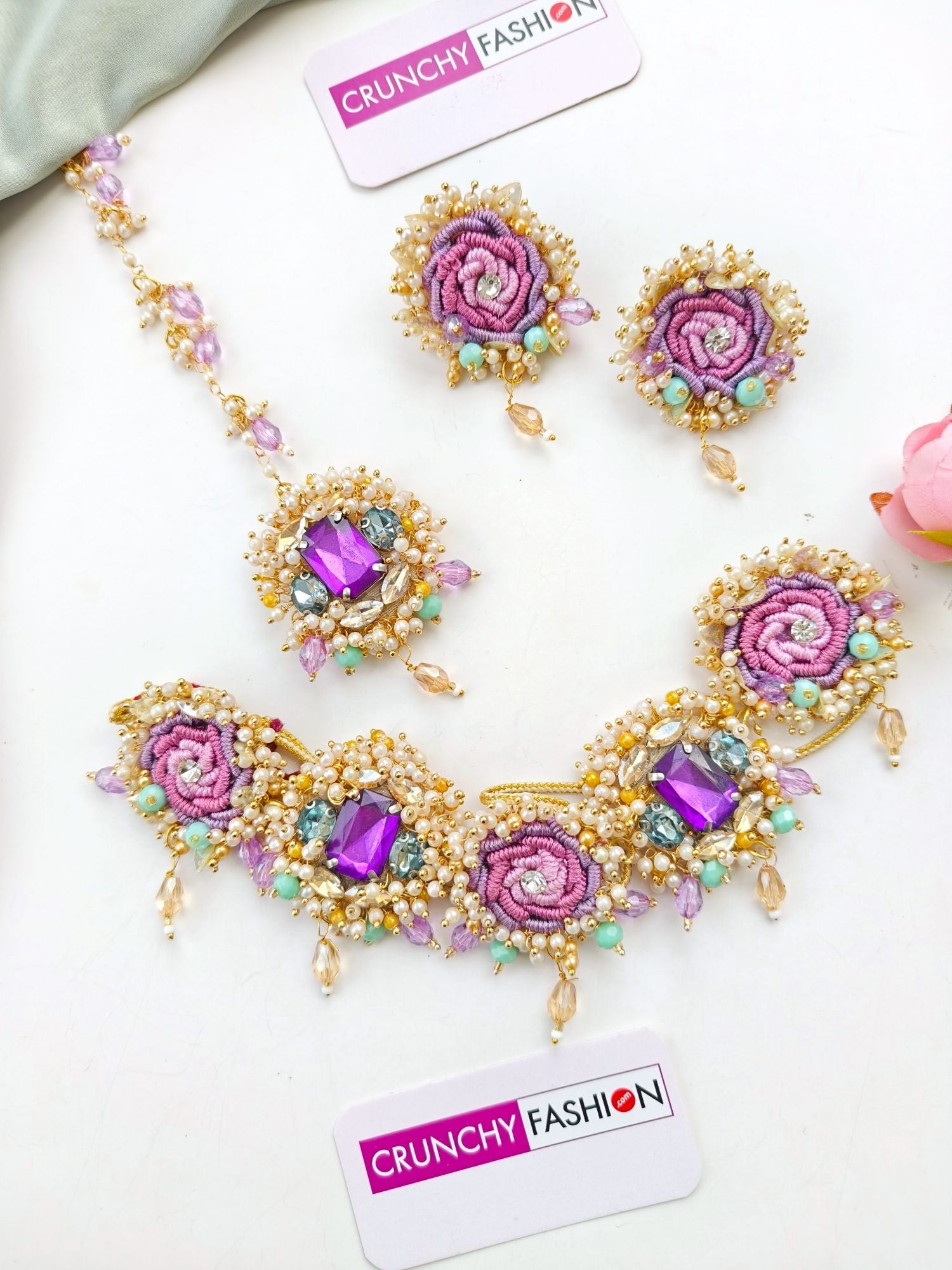Lavender Rose Floral Jewellery Set for Haldi-Mehndi: Handmade Designer Carnival Collection for Brides