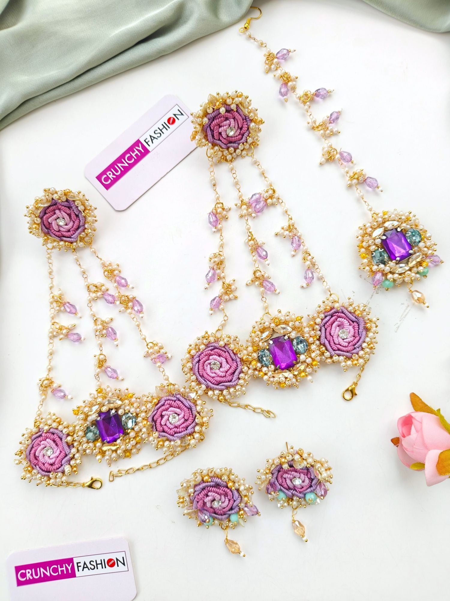 Lavender Rose Floral Jewellery Set for Haldi-Mehndi: Handmade Designer Carnival Collection for Brides