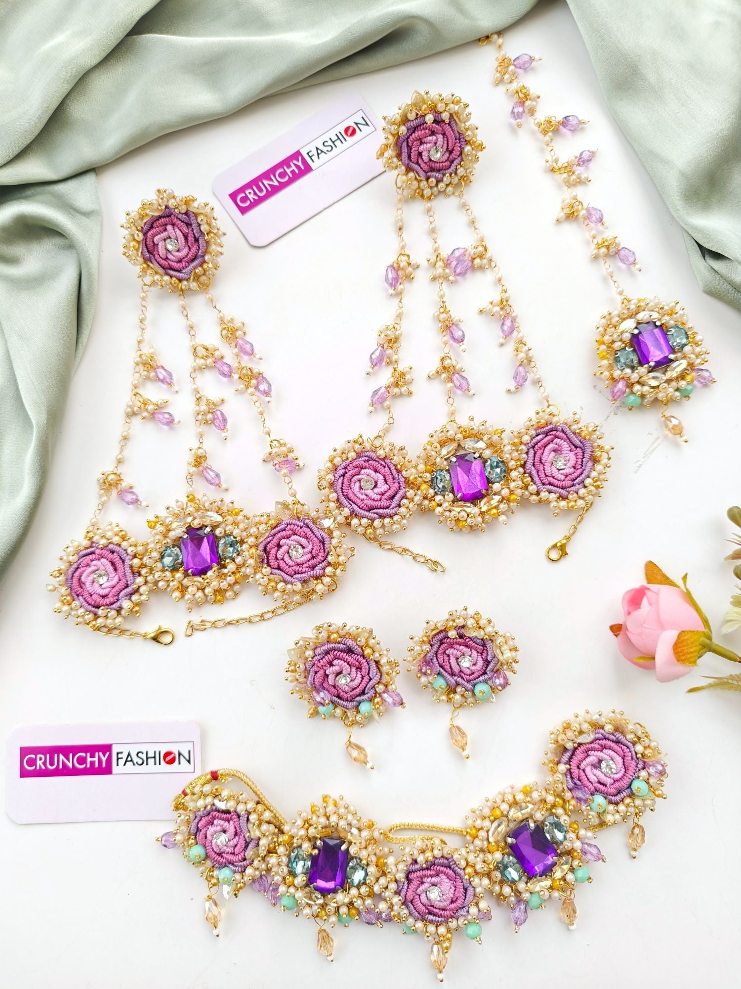 Lavender Rose Floral Jewellery Set for Haldi-Mehndi: Handmade Designer Carnival Collection for Brides