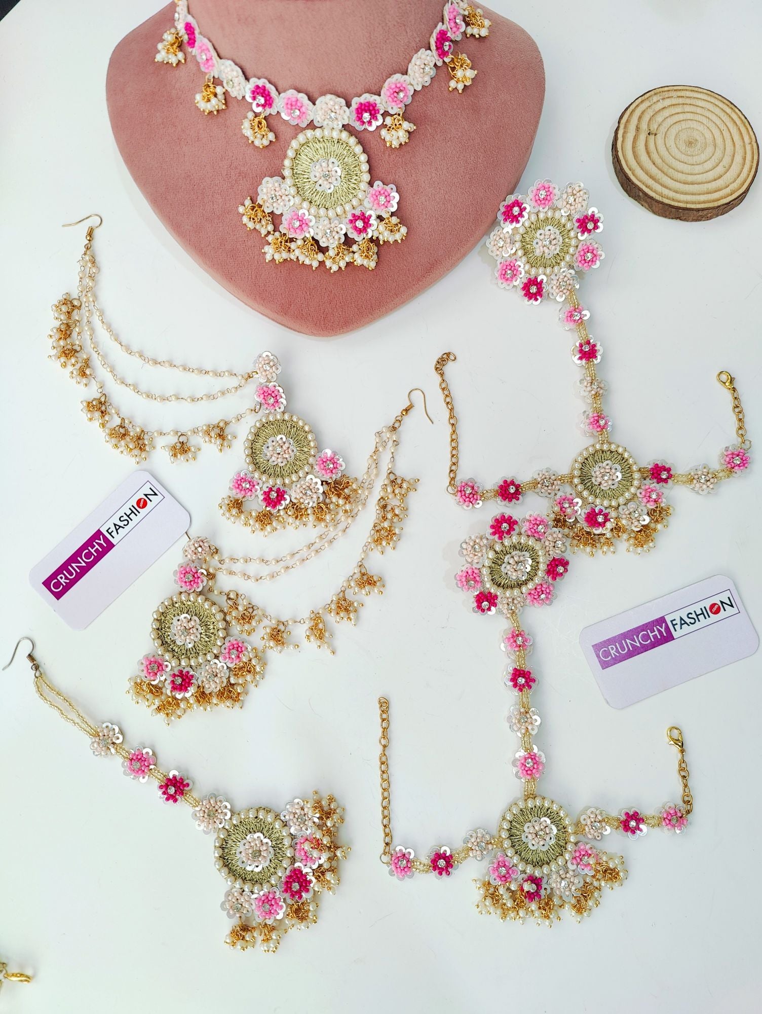 Handmade Hot/Baby Pink Flower Jewellery Set for Haldi, Mehndi, Baby Shower, Carnival for women and girls