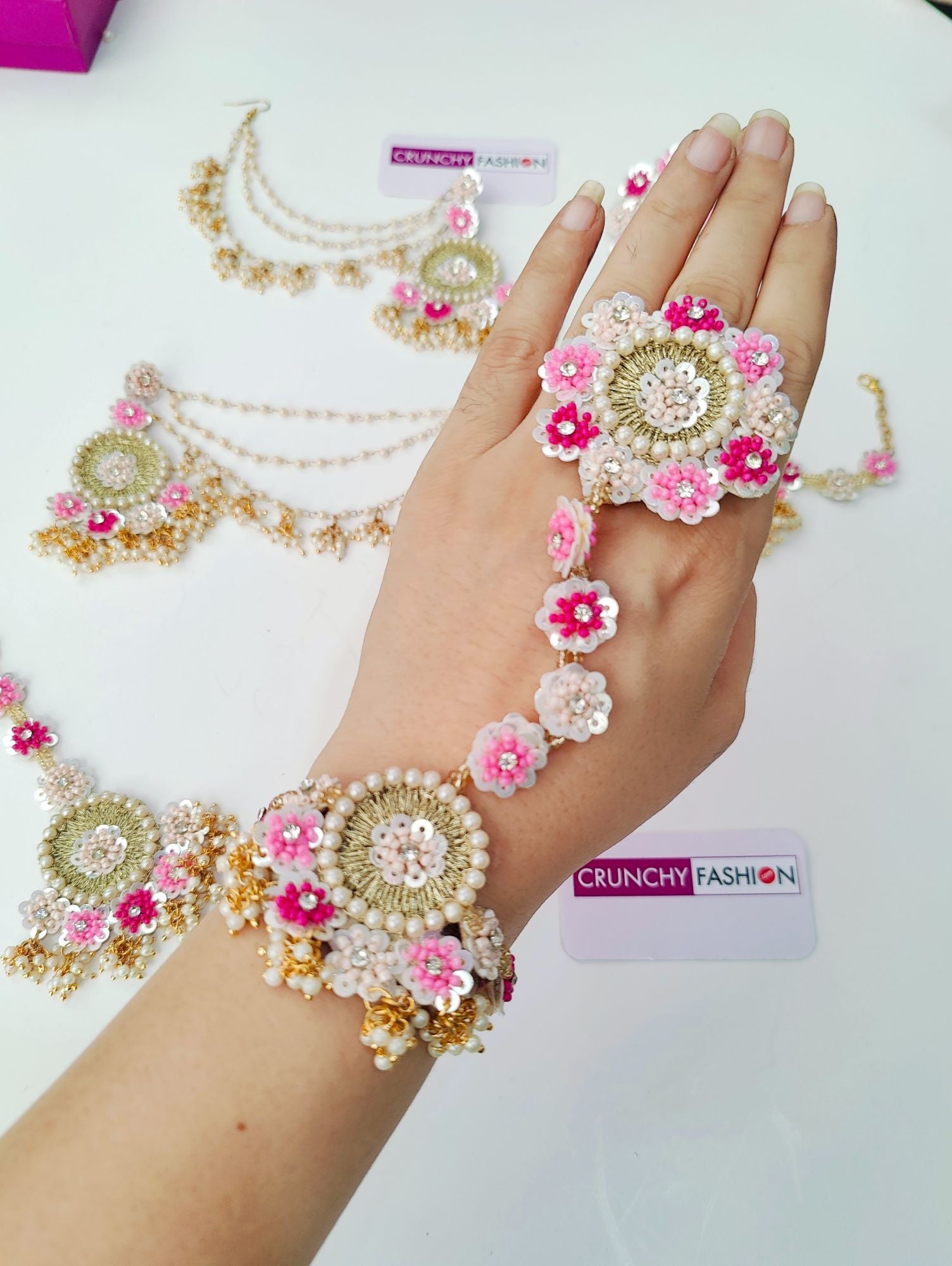 Handmade Hot/Baby Pink Flower Jewellery Set for Haldi, Mehndi, Baby Shower, Carnival for women and girls