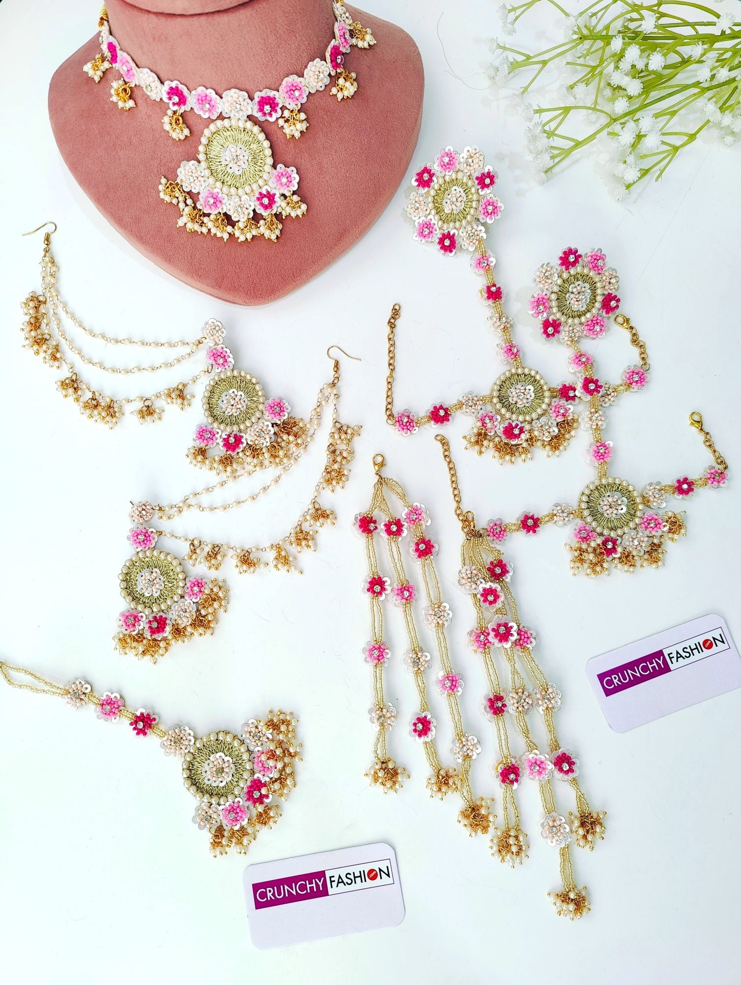 Handmade Hot/Baby Pink Flower Jewellery Set for Haldi, Mehndi, Baby Shower, Carnival for women and girls