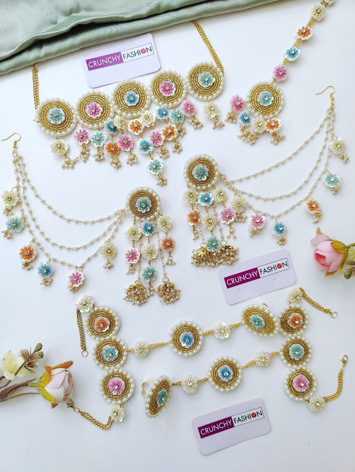 Multicolored Florals handcrafted haldi Mehndi jewellery set for Brides