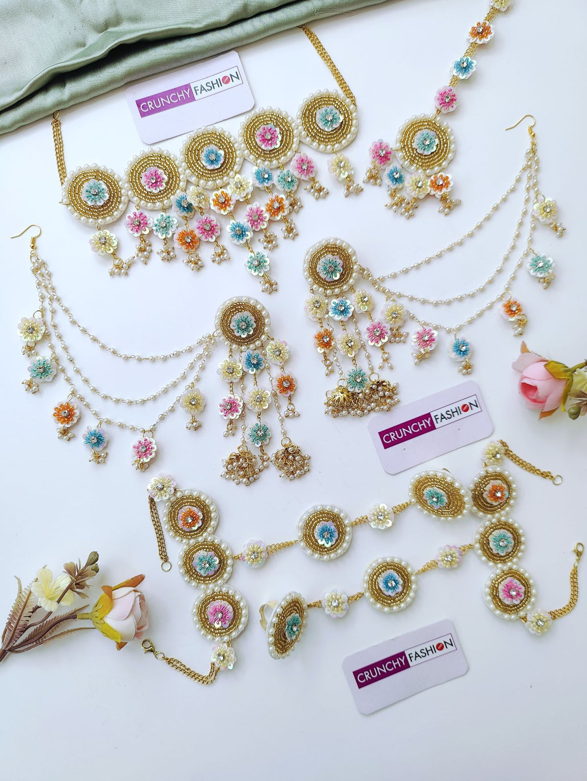 Multicolored Florals handcrafted haldi Mehndi jewellery set for Brides