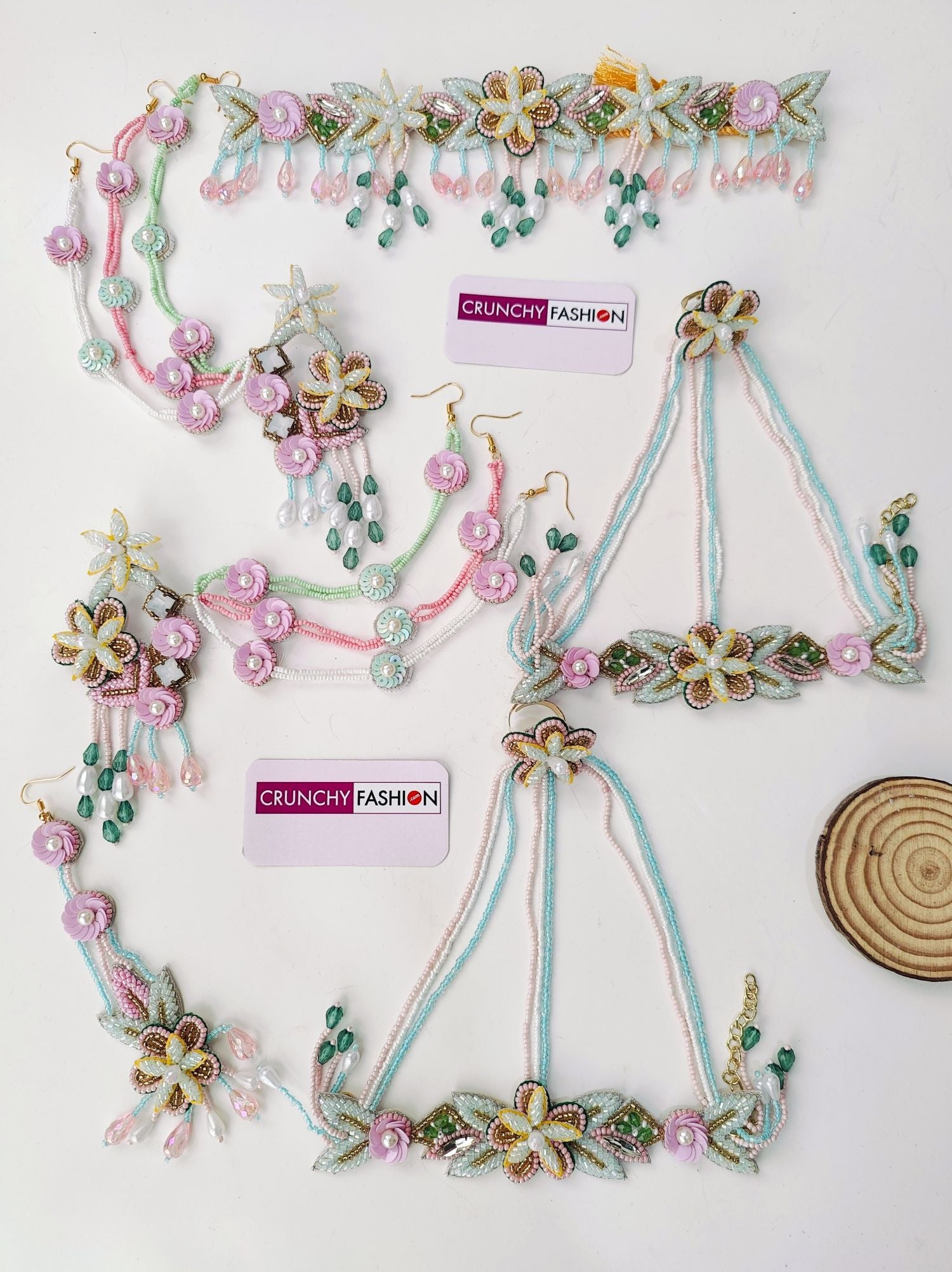Handmade floral design pastel pink, powder blue and green beaded jewellery set for haldi ceremony, ideal for brides
