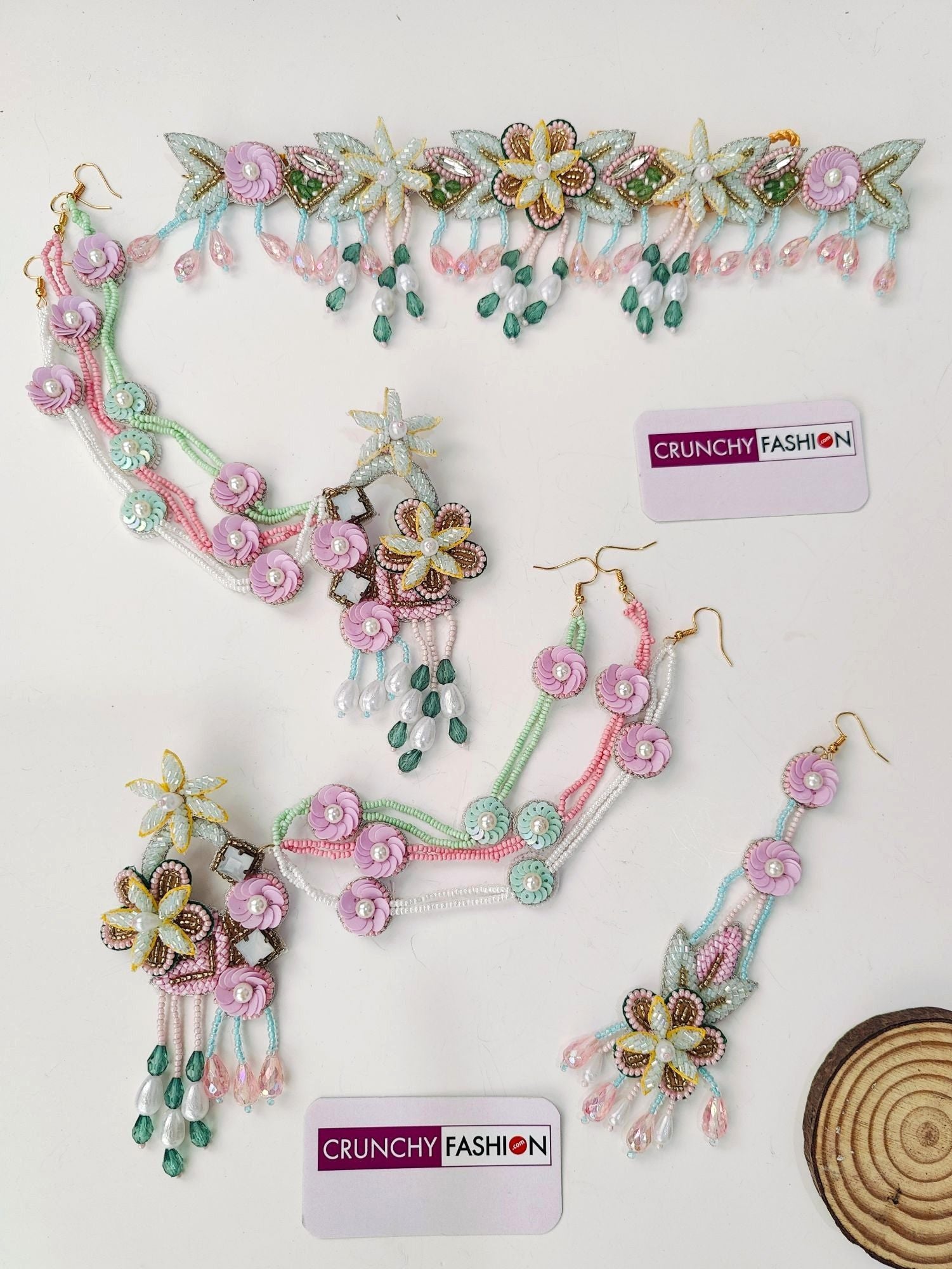 Handmade floral design pastel pink, powder blue and green beaded jewellery set for haldi ceremony, ideal for brides