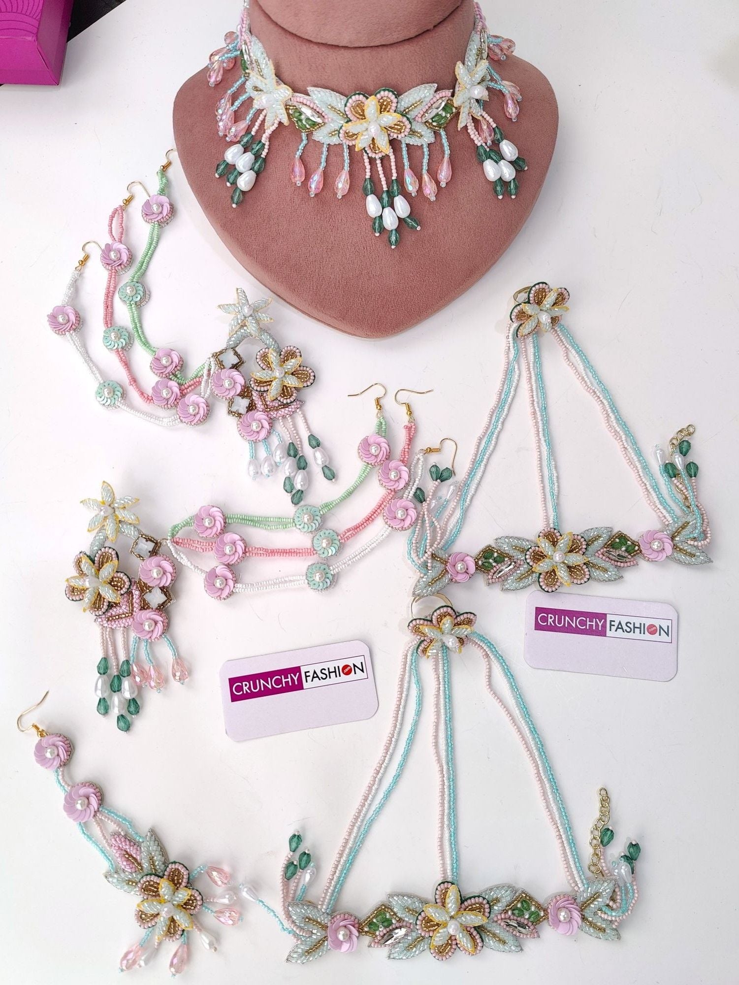 Handmade floral design pastel pink, powder blue and green beaded jewellery set for haldi ceremony, ideal for brides