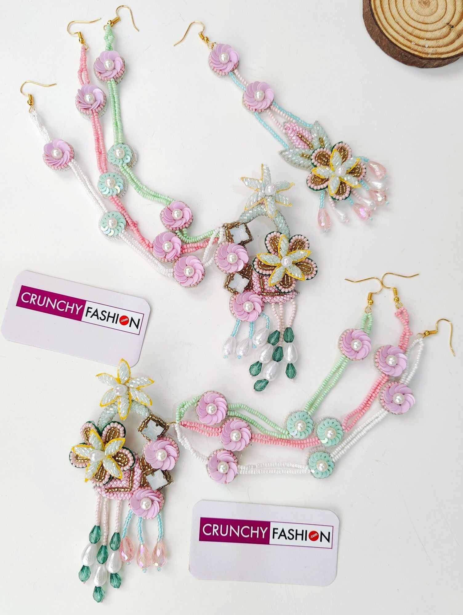 Handmade floral design pastel pink, powder blue and green beaded jewellery set for haldi ceremony, ideal for brides