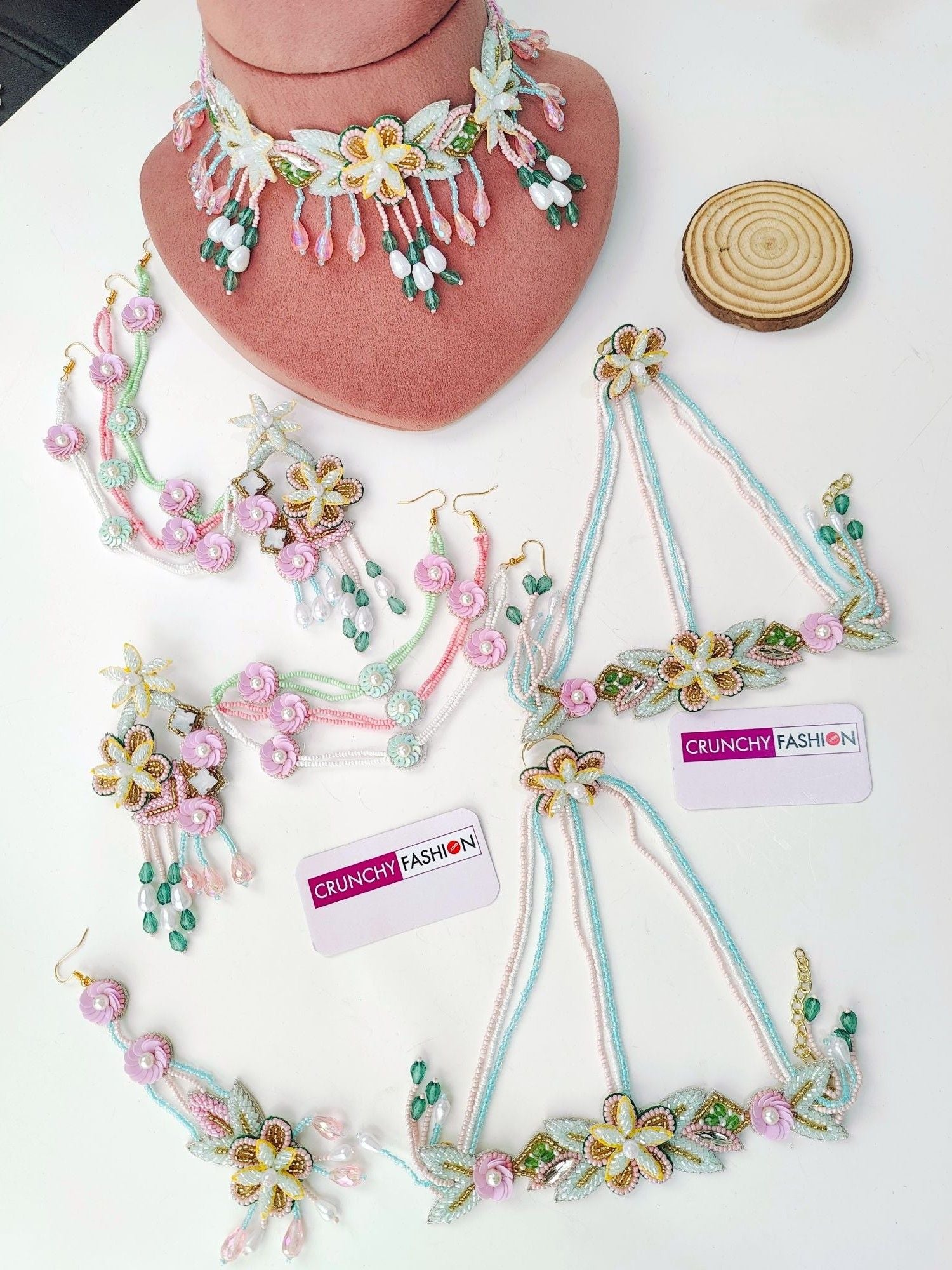 Handmade floral design pastel pink, powder blue and green beaded jewellery set for haldi ceremony, ideal for brides