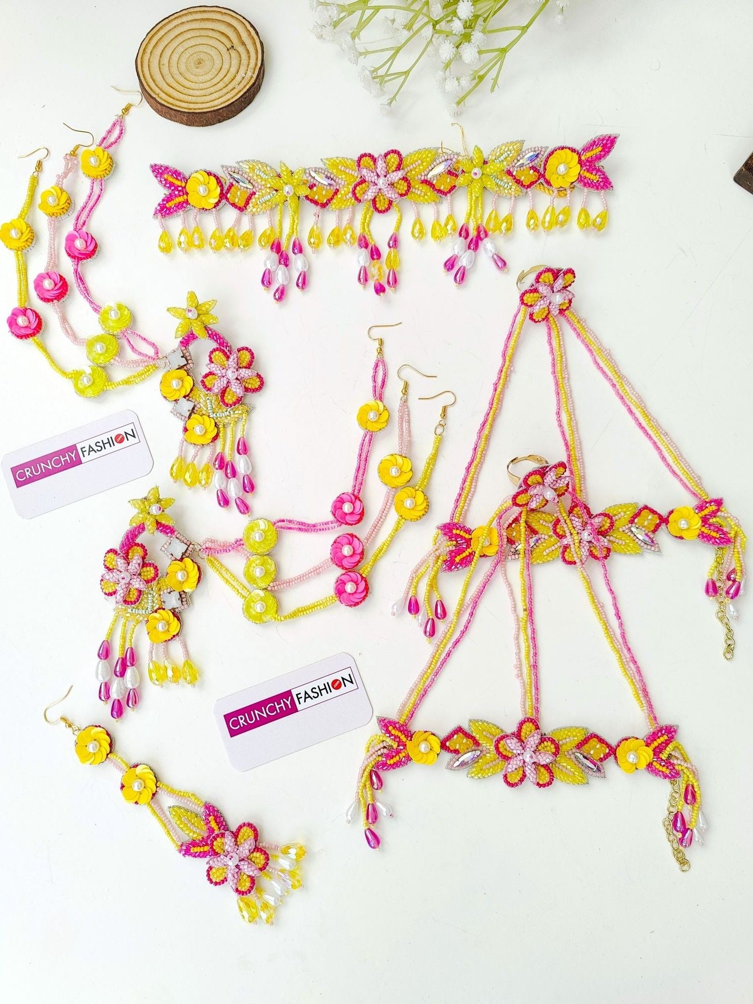 Handmade pink-yellow floral beaded designer jewelry set ideal for haldi-mehndi occasions for women and girls
