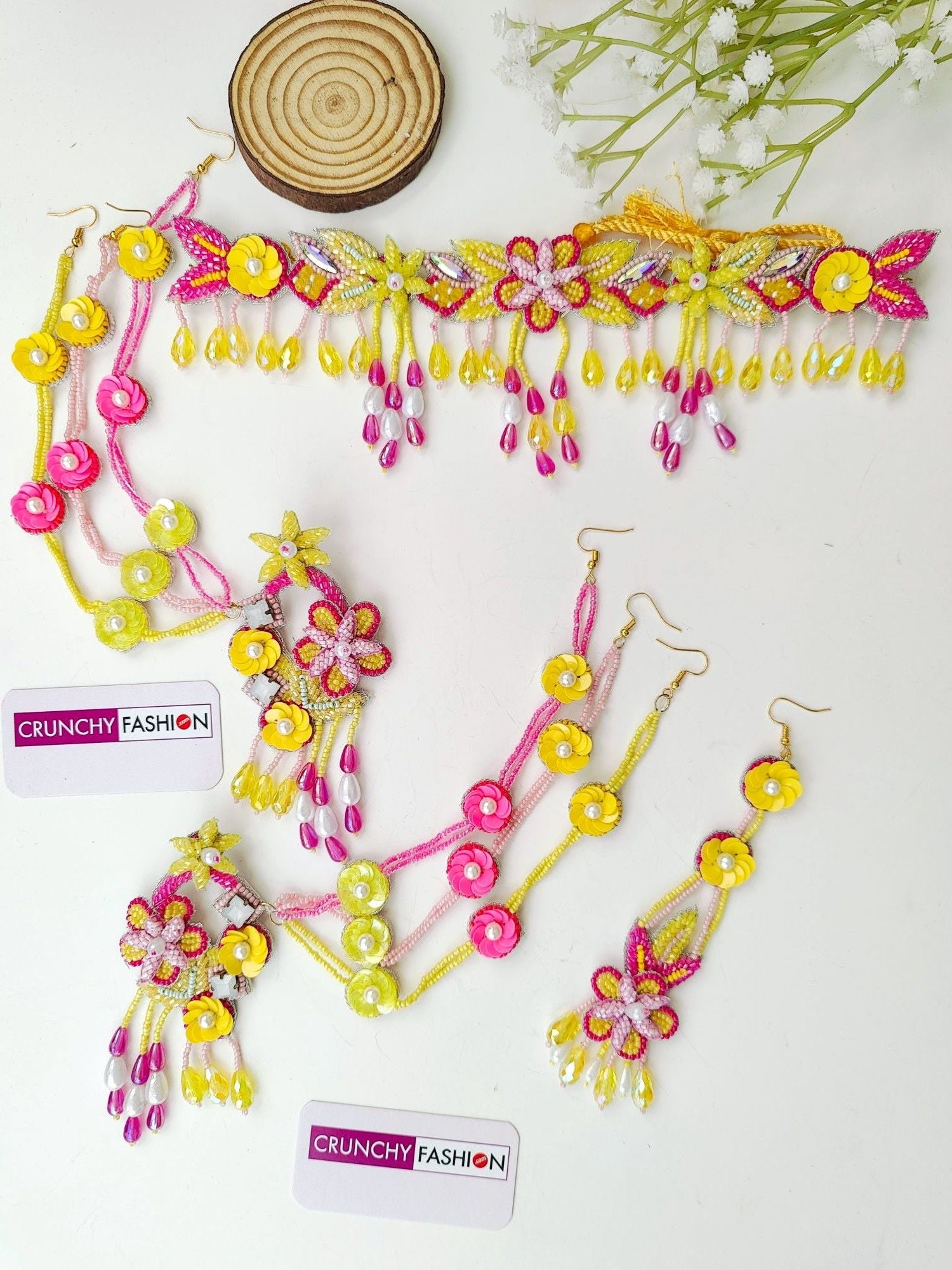 Handmade pink-yellow floral beaded designer jewelry set ideal for haldi-mehndi occasions for women and girls