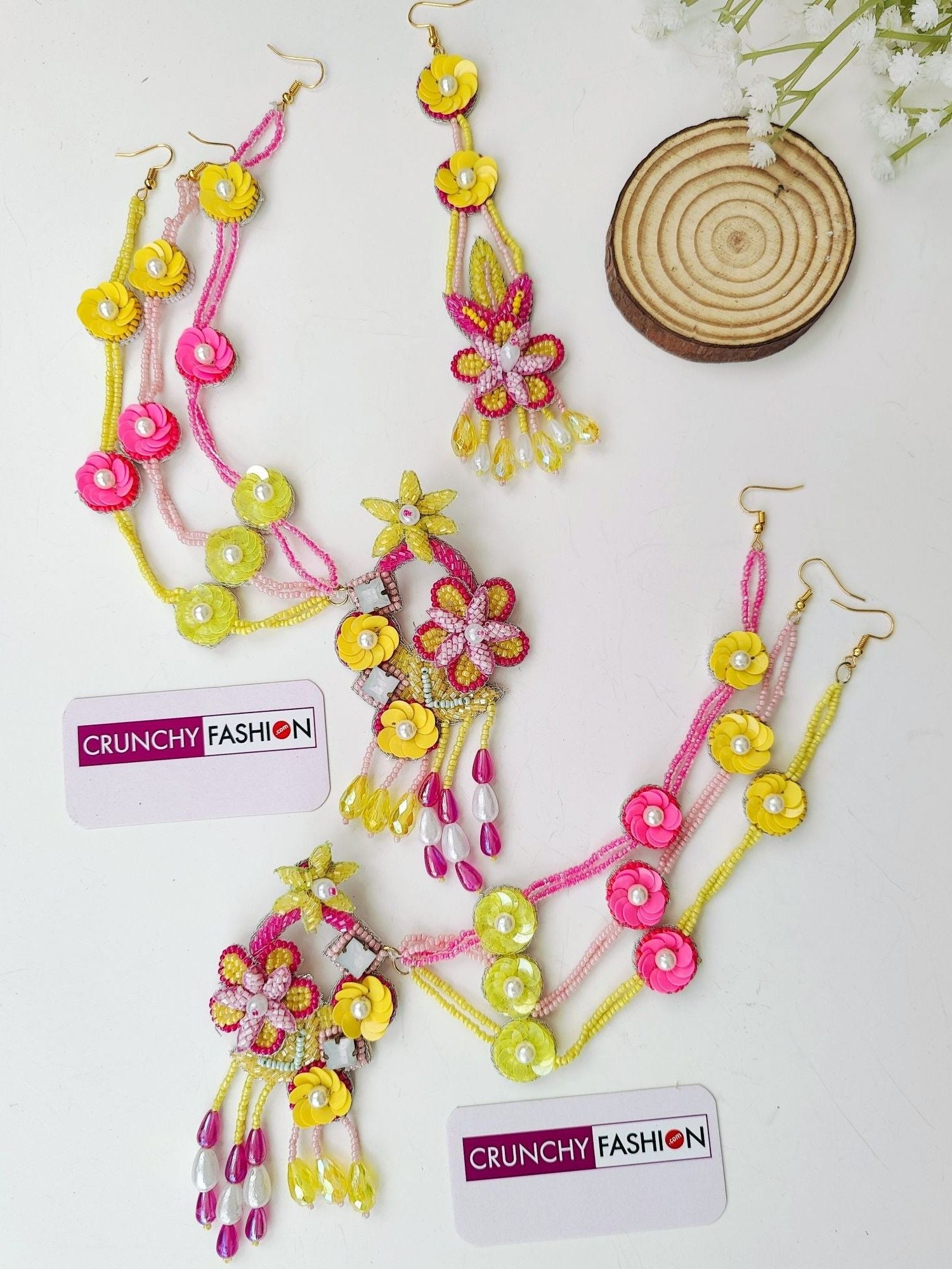Handmade pink-yellow floral beaded designer jewelry set ideal for haldi-mehndi occasions for women and girls