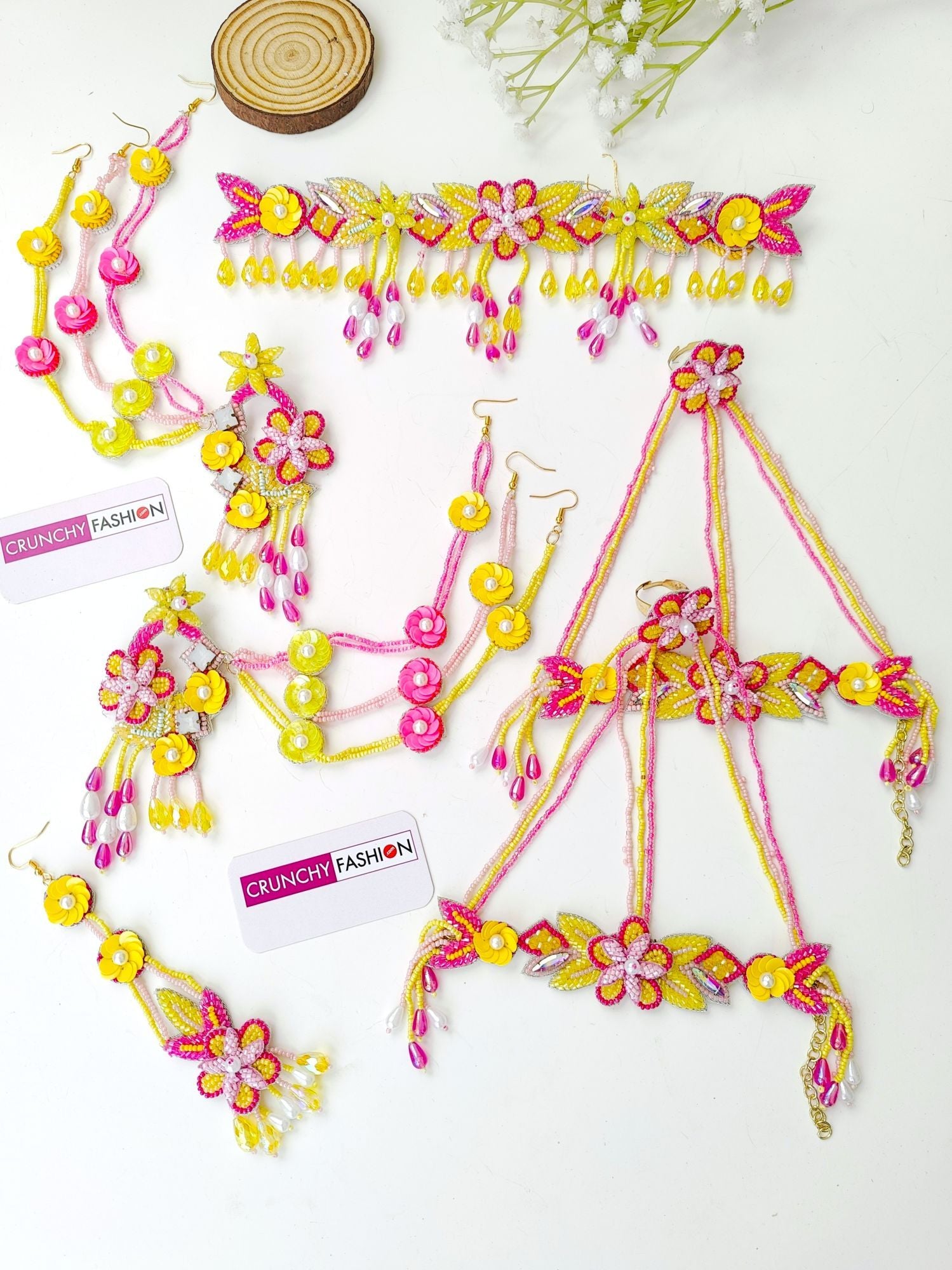 Handmade pink-yellow floral beaded designer jewelry set ideal for haldi-mehndi occasions for women and girls