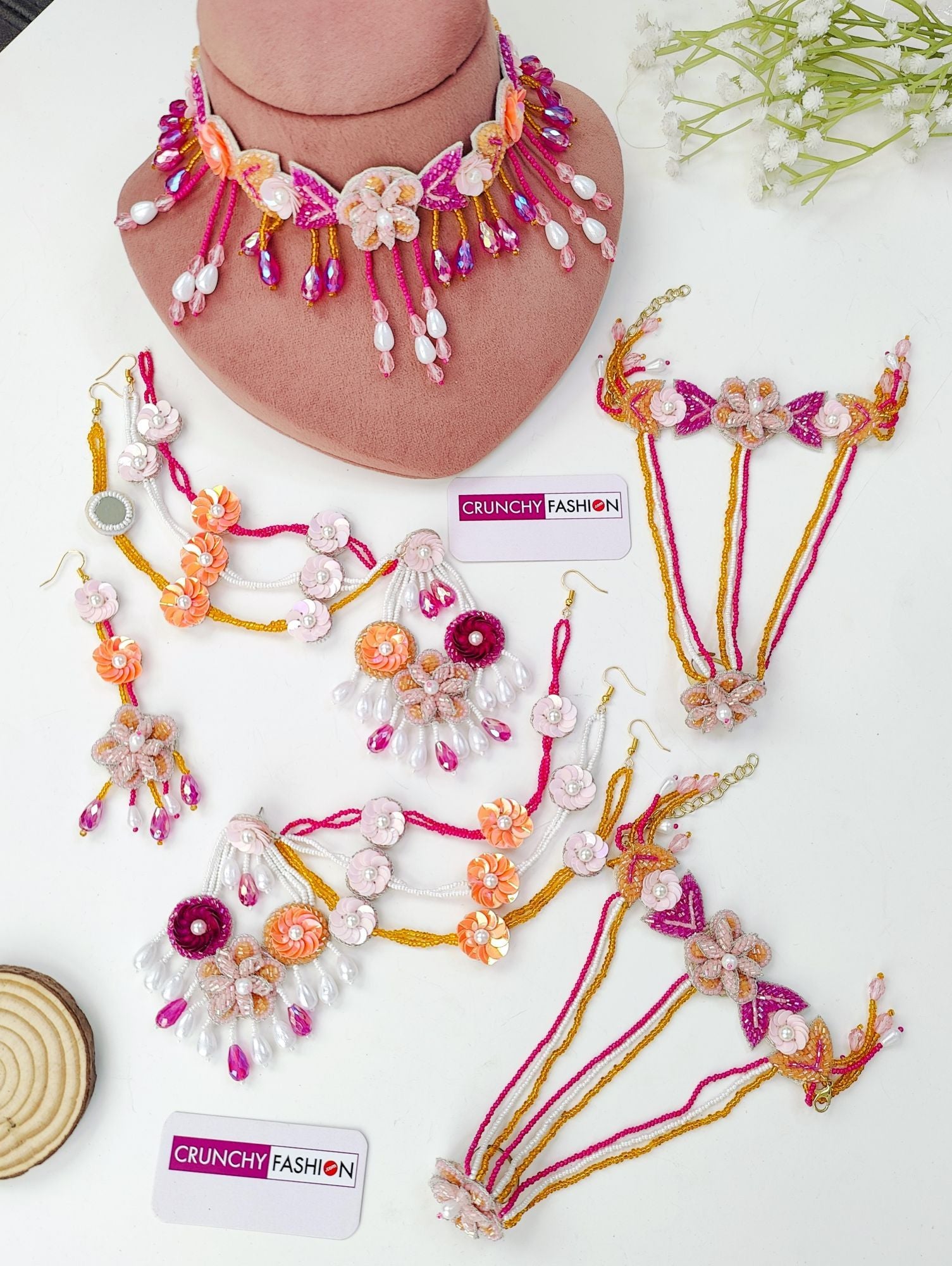 Handmade Peach-Pink floral set in Yellow, Aqua & Sky-Blue for haldi-mehndi, festivals or weddings, perfect spring-summer.