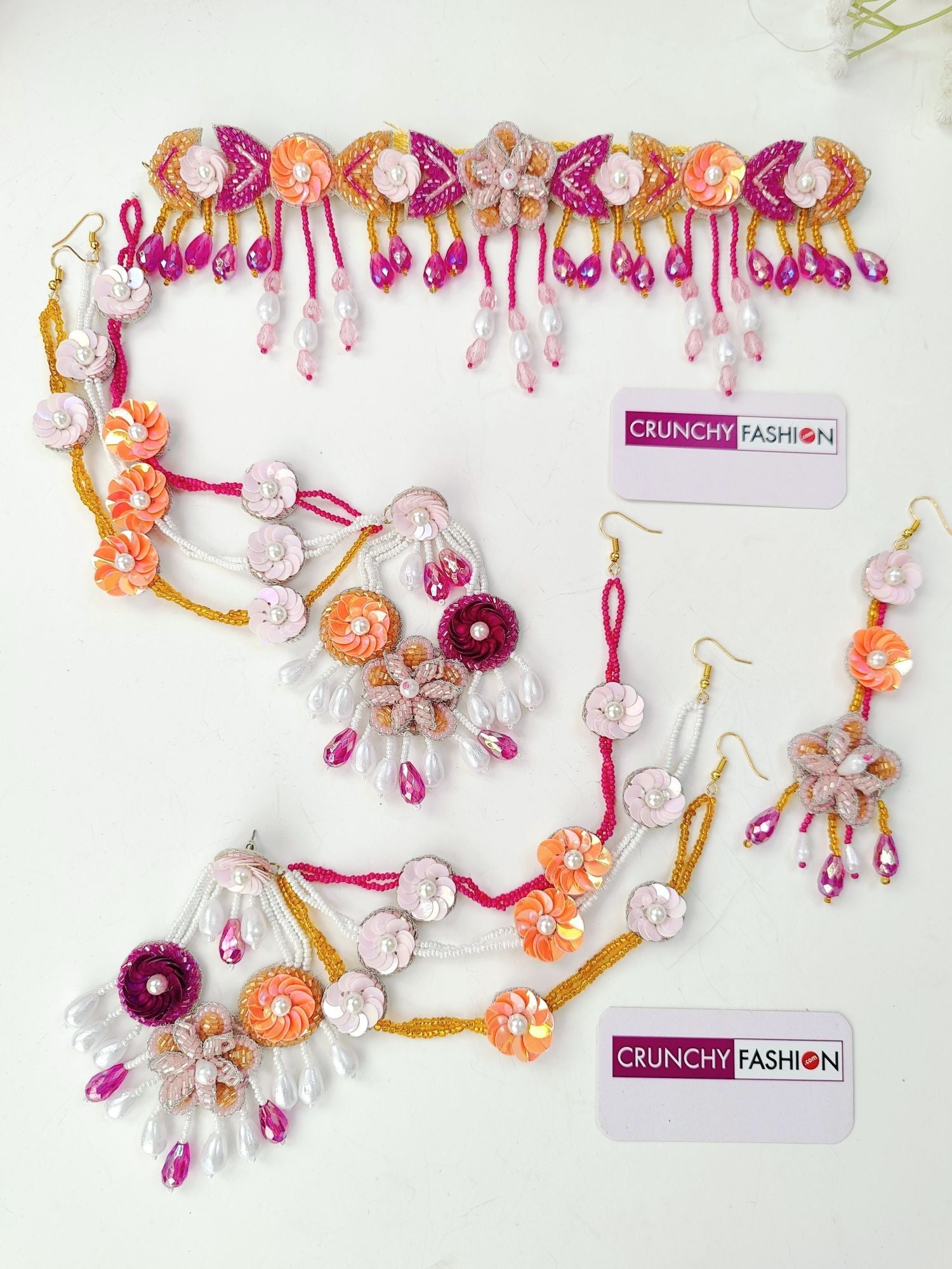 Handmade Peach-Pink floral set in Yellow, Aqua & Sky-Blue for haldi-mehndi, festivals or weddings, perfect spring-summer.