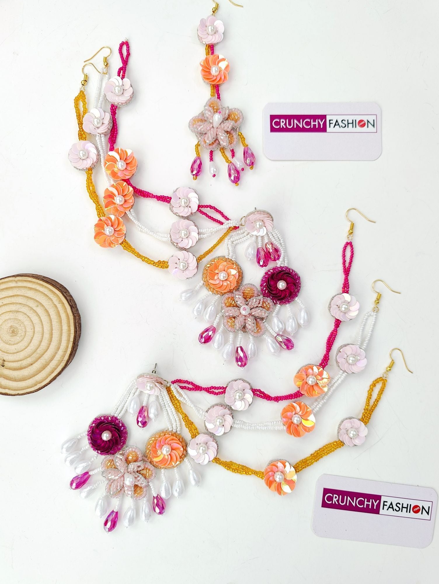 Handmade Peach-Pink floral set in Yellow, Aqua & Sky-Blue for haldi-mehndi, festivals or weddings, perfect spring-summer.